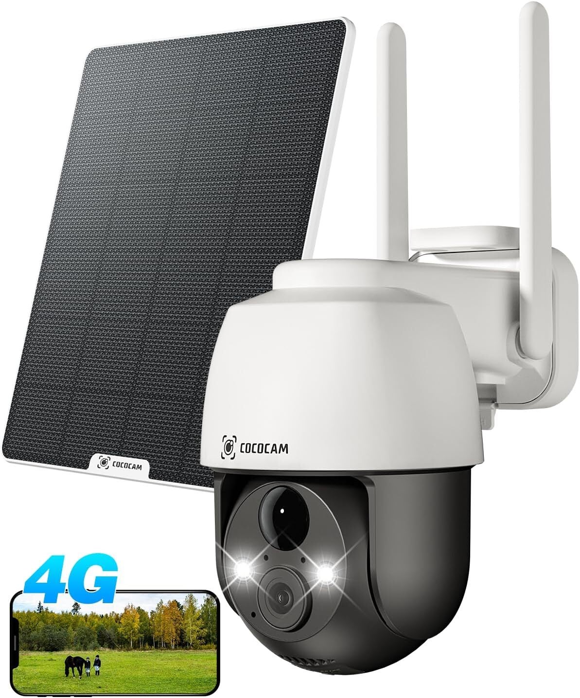 COCOCAM Kamera Zewnętrzna 4G LTE Solarna 2K z Kartą SIM, Wykrywanie Ruchu PIR z AI, Bateria 10000 mAh, Obsługa Chmury i Karty TF, Kompatybilna z Alexa
