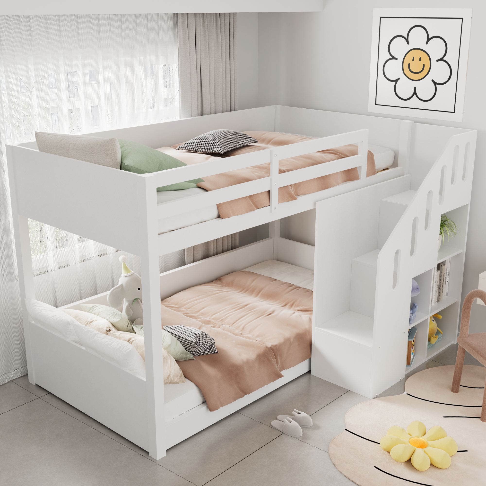 Lit superposé pour enfant - 2x90x200 cm - avec casier d'escalier et garde-corps - Blanc (sans matelas) - 4