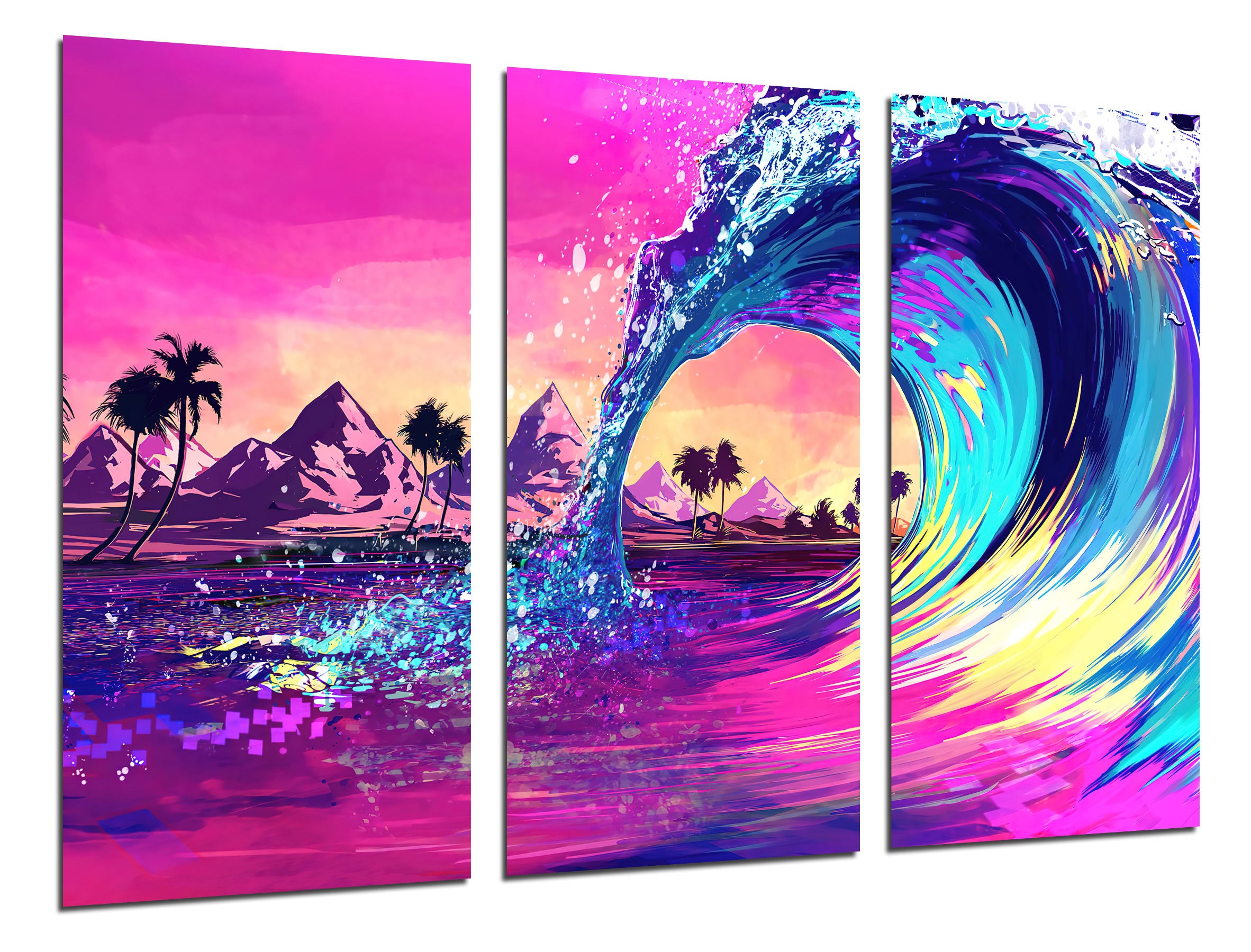 Set cuadros ola, pintura, colores neon, paisaje, nazaret, impresión digital sobre madera