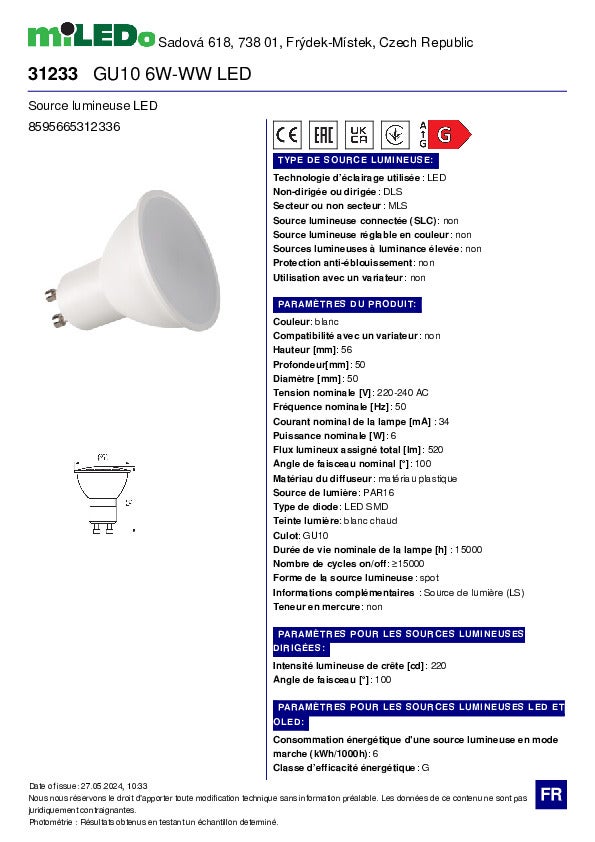 Ampoule LED GU10 6W – Spot Blanc Chaud – 520lm – 100° – 50mm - 5