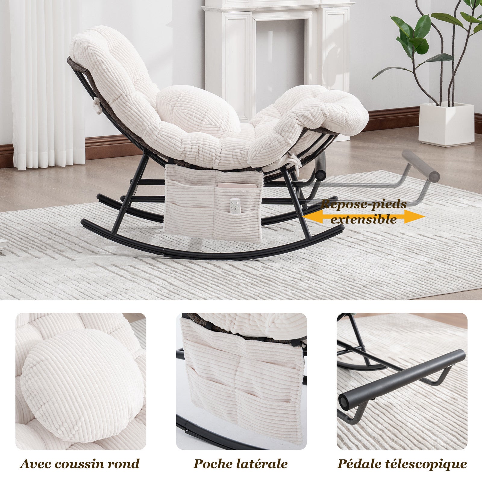 Rockingchair - Fauteuil à bascule avec Repose-Pieds Rétractable - Siège Large et Coussin Offert - 115kg - Pour Jardin, Terrasse, Salon - Cocon Pro - 5