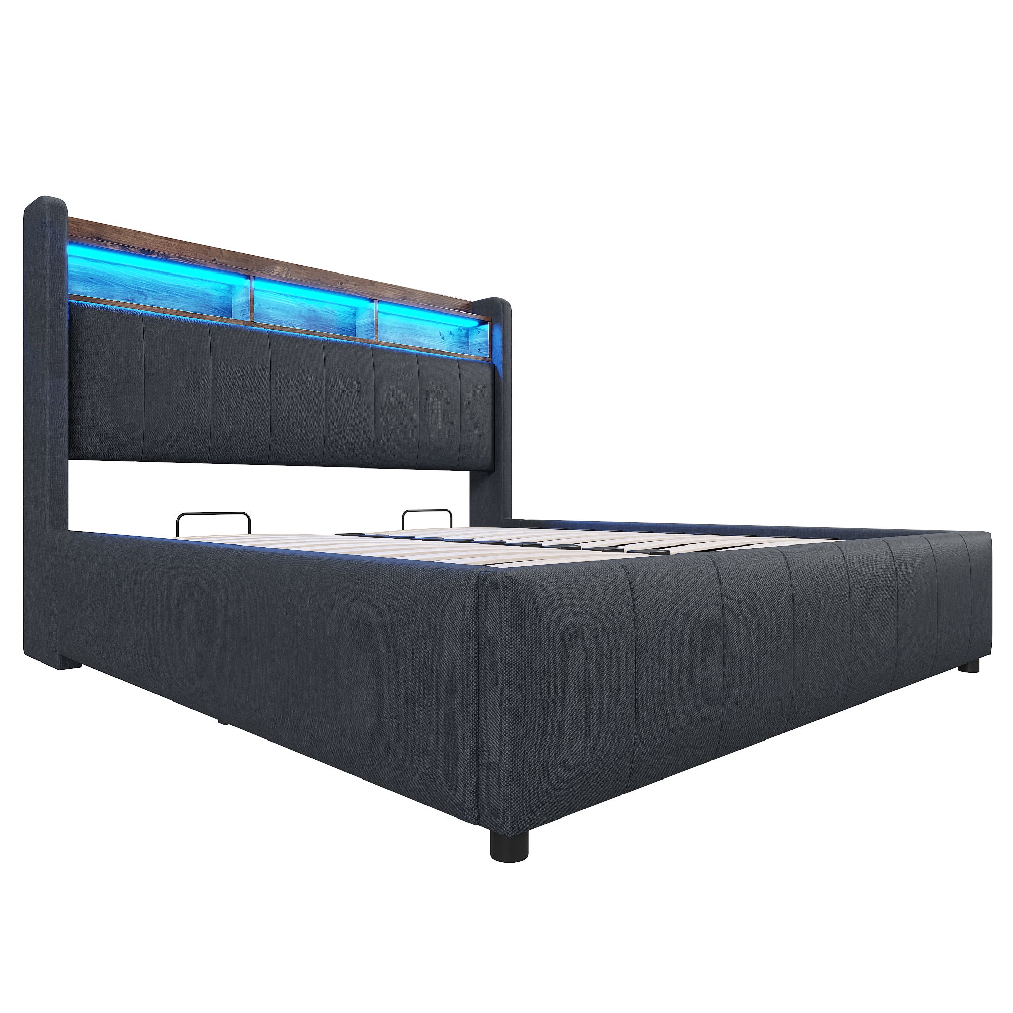 Cama con canapé 140x200 cm con LED, USB y cabecero con almacenamiento, lino gris, sin colchón - 8