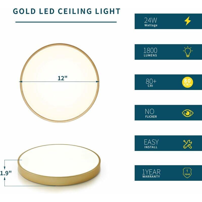 LED dorée, plafonnier encastré d'intérieur de 12 pouces 24W, proche du plafonnier, adapté à la salle de bain, à la chambre à coucher et au couloir - 3