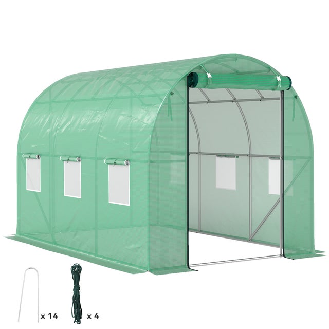 Serre tunnel de jardin, 3 x 2 x 2 m, avec porte enroulable et grandes fenêtres, en acier galvanisé et PE, verte