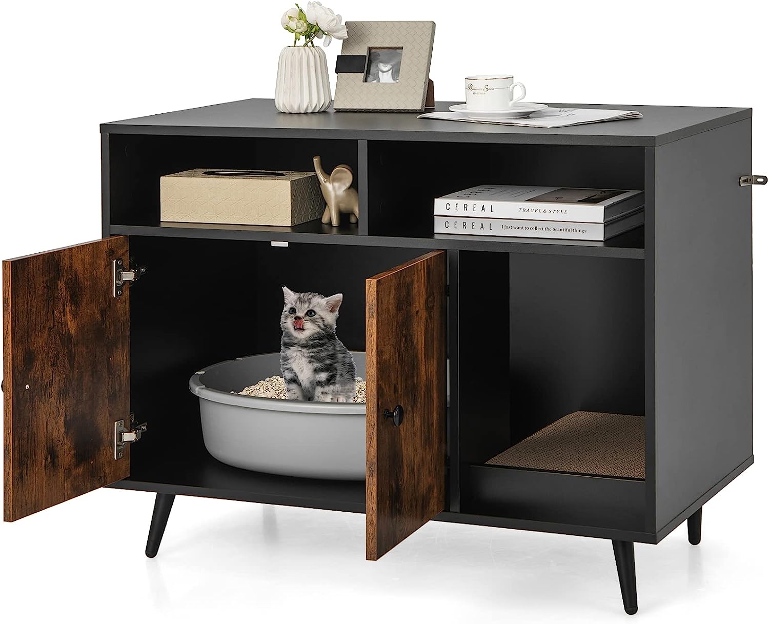 COSTWAY Meuble Litière Chat avec Griffoir Industriel, Maison de