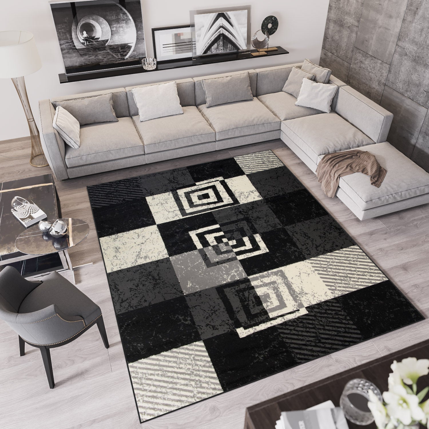 Tapiso qmega alfombra de salón negro gris crema geométrico cuadrados fina 300 x 400 cm