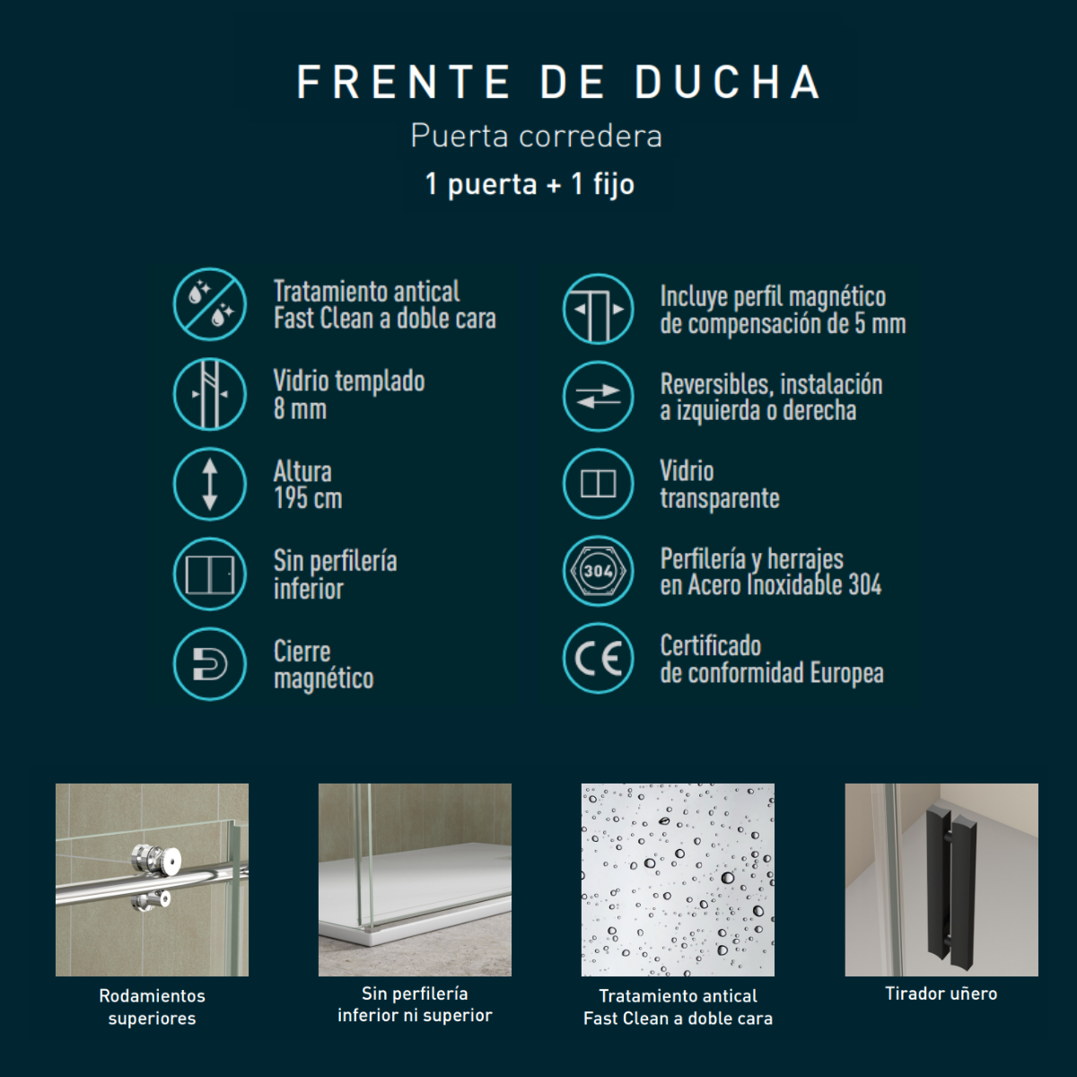 Parete doccia frontale 1 porta 1 scorrevole fissa | Altezza 195 cm Trasparente | Profilo cromato lucido 165 cm (adattabile 160.1-165) - 5