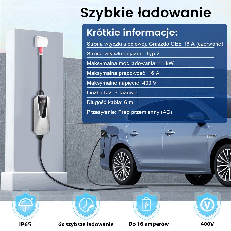 Przenośna Ładowarka EV JUNSUN 11kW | Typ 2 | Kabel 6m | IP65 | Ładowanie 3-fazowe | Aplikacja - 2