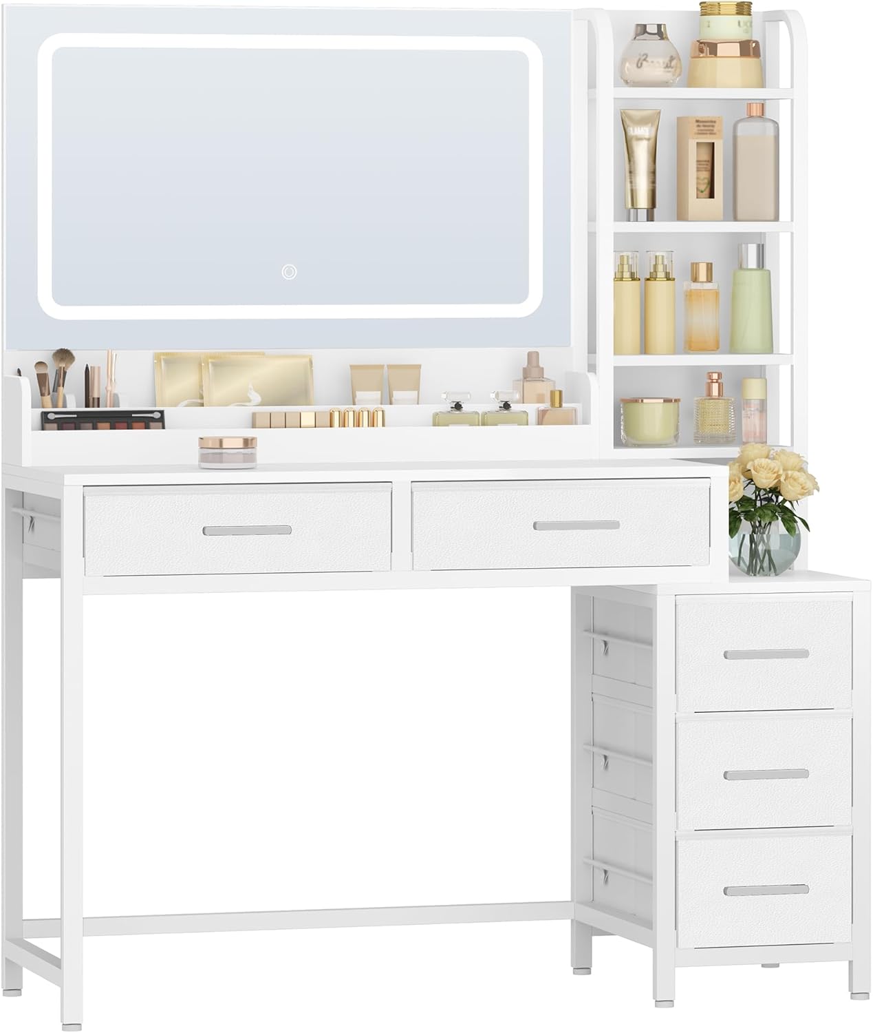 110 cm Coiffeuse avec Miroir, Table de Maquillage avec Éclairage LED, Luminosité Réglable, 3 Couleurs, 5 Tiroirs et 5 Compartiments Ouverts, Blanc - 6