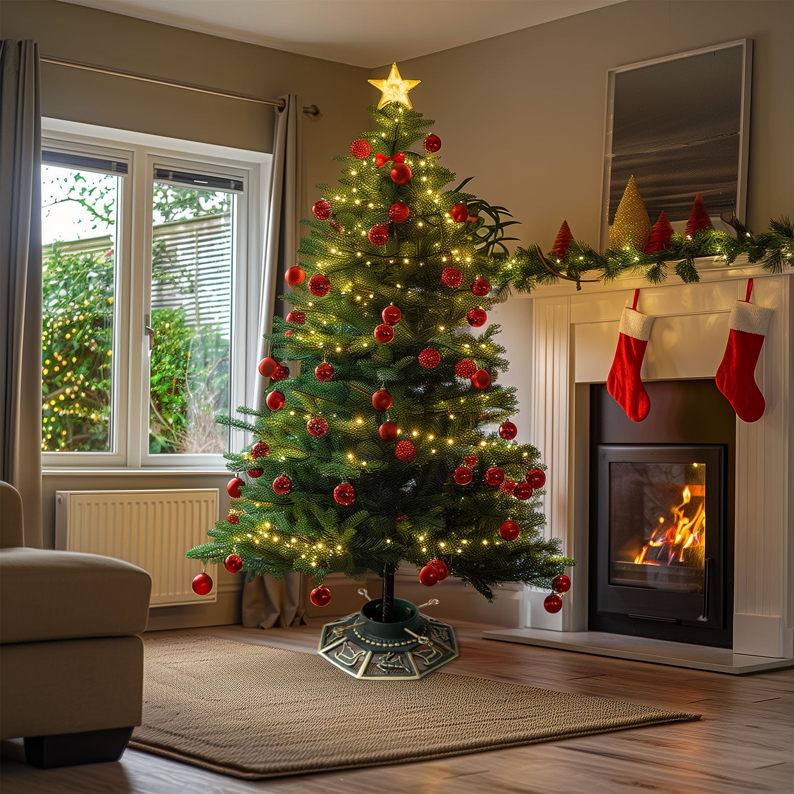 Support Pour Sapin De Noël Avec Réservoir D'eau - Design Classique Rouge/vert, Pieds Métal, Max Tronc 12 Cm