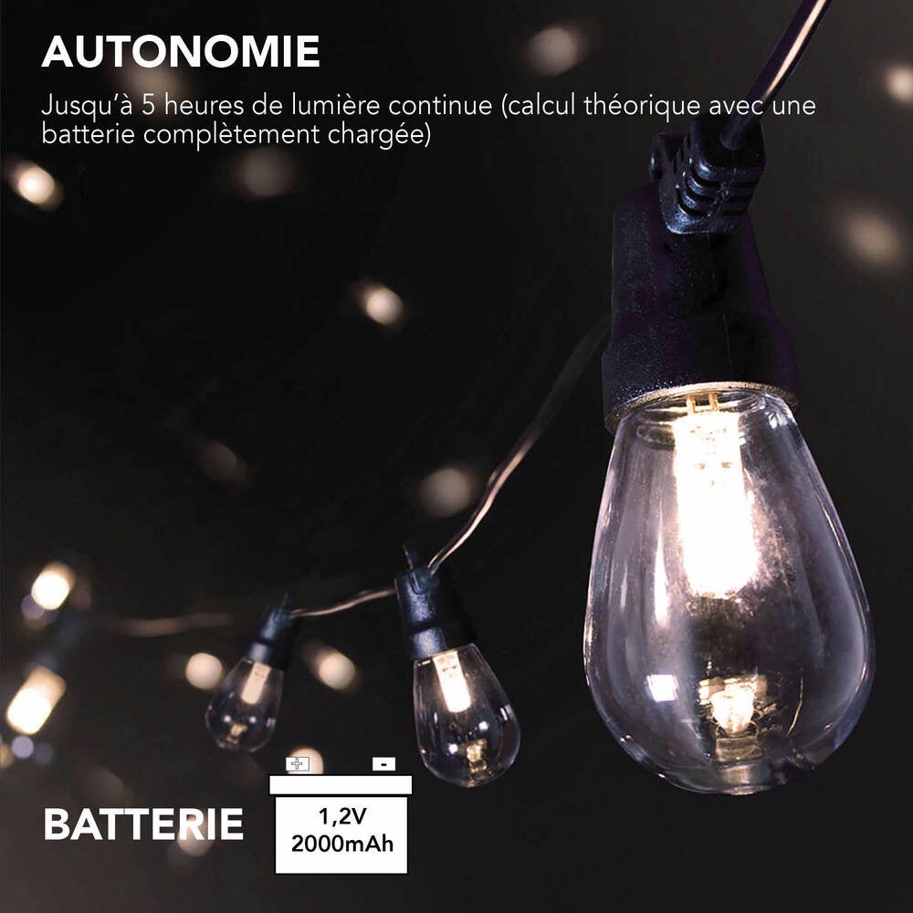 Guirlande Guinguette Solaire LED 8,4m, 12 ampoules remplaçables G4, 12 x 3,8 lumens, 3000K Blanc-chaud, IP44, crépusculaire - Tibelec - 4