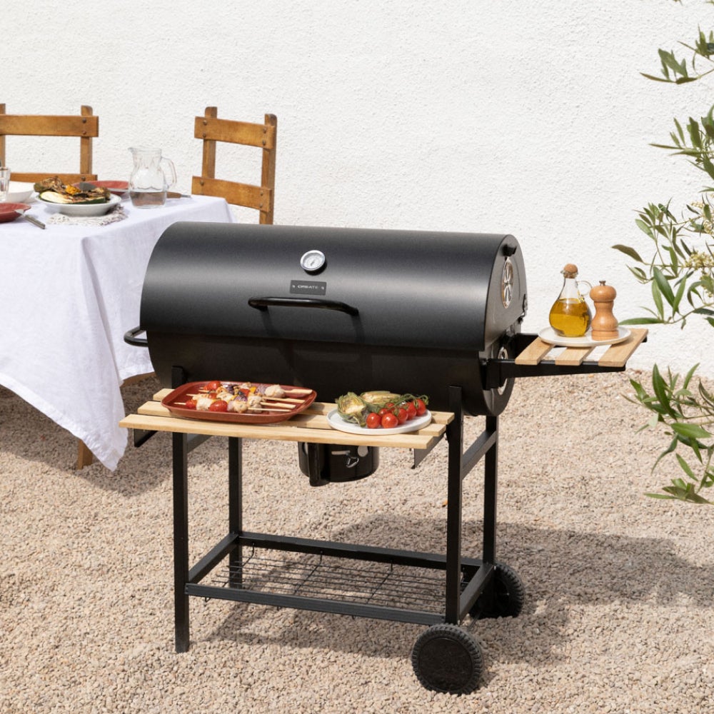 CREATE - BBQ SMOKEY - Grill z wędzarnią na węgiel drzewny z kółkami - Noir