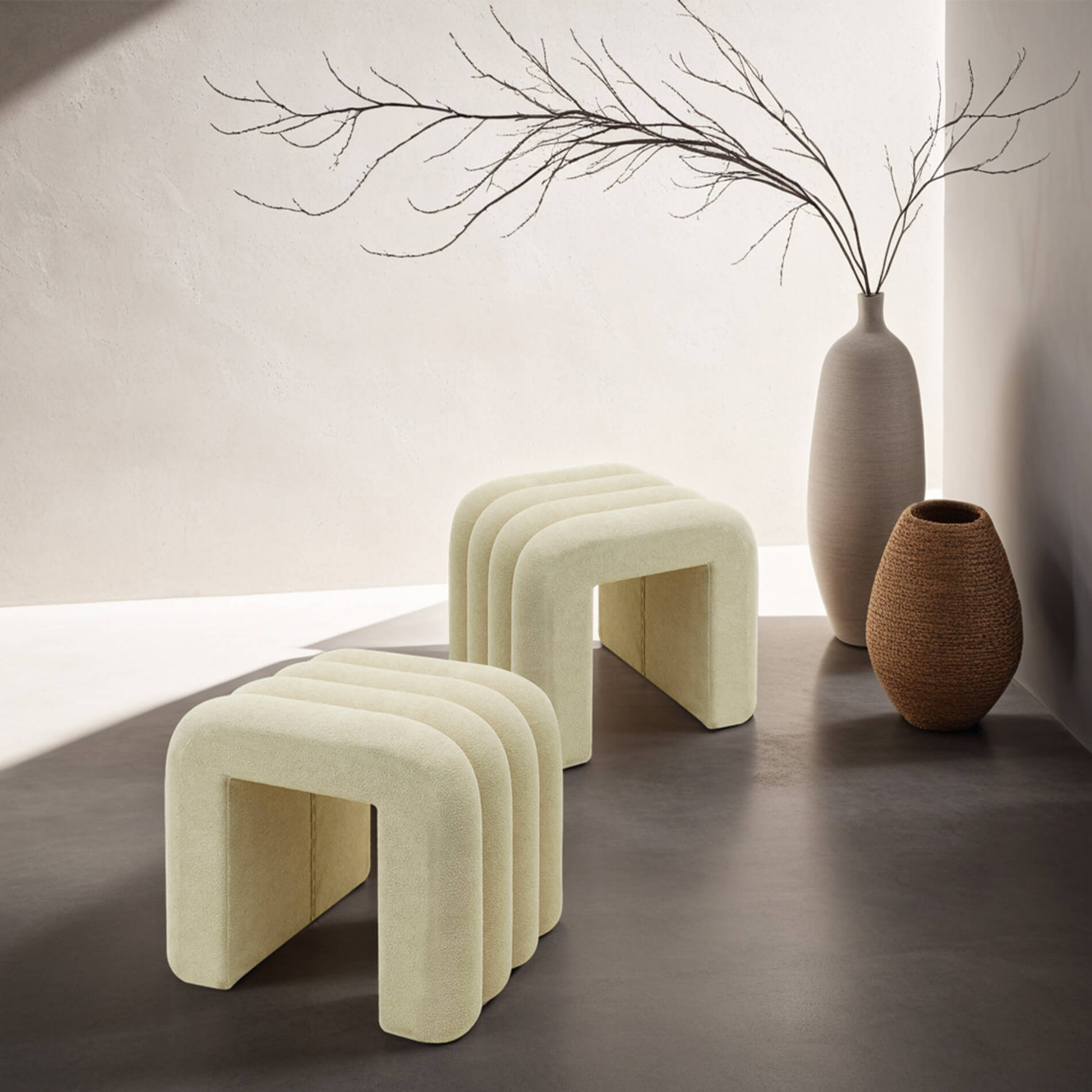 Pouf Rebecca Mobili Nikau 40x38x40 Tissu Polyester MDF Beige Moderne ENSEMBLE 2 pcs - 2