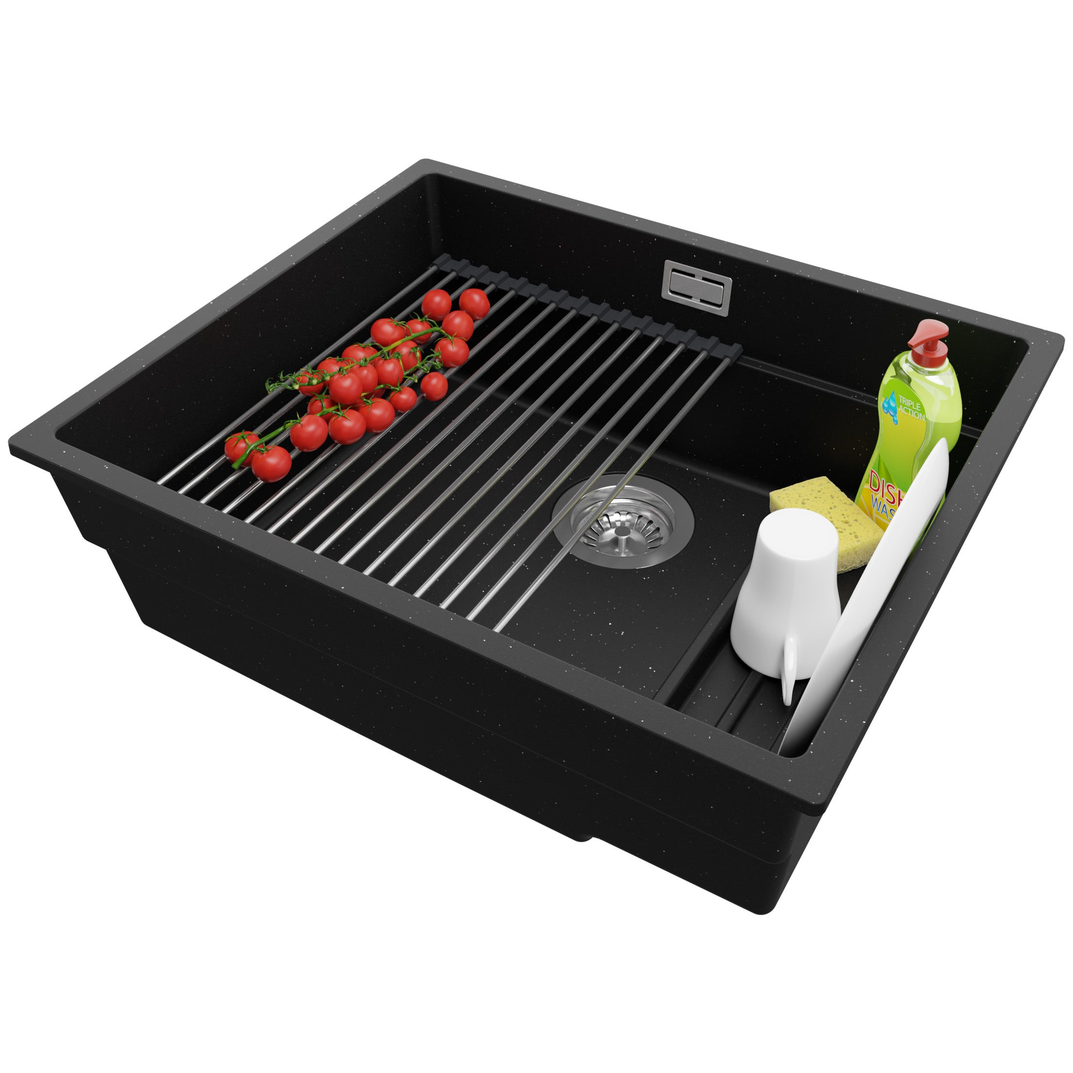 Fregadero cocina negro metallic 56x47cm, granito 1 seno + sifón + enrollable escurridor, sobre encimera al mueble 60cm - prague slim primagran
