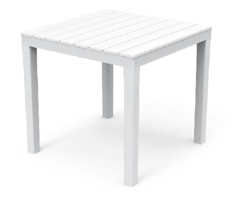 Table de jardin d'extérieur carrée en résine effet lattes en bois de Bali blanc - 10