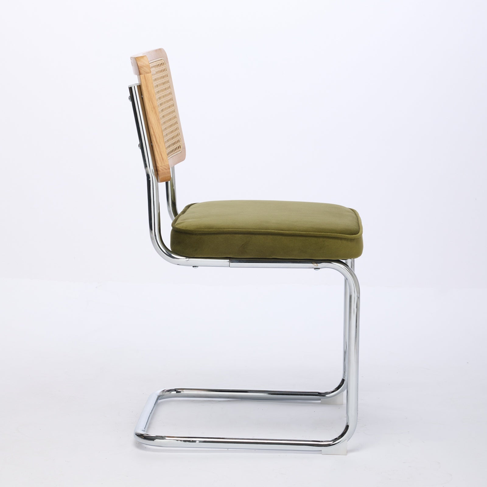 Ensemble de 2 chaises salle à manger milieu du siècle, velours, dossier canne naturelle, base inox chromée, style Breuer, rotin, vert olive, DE1851OL - 4