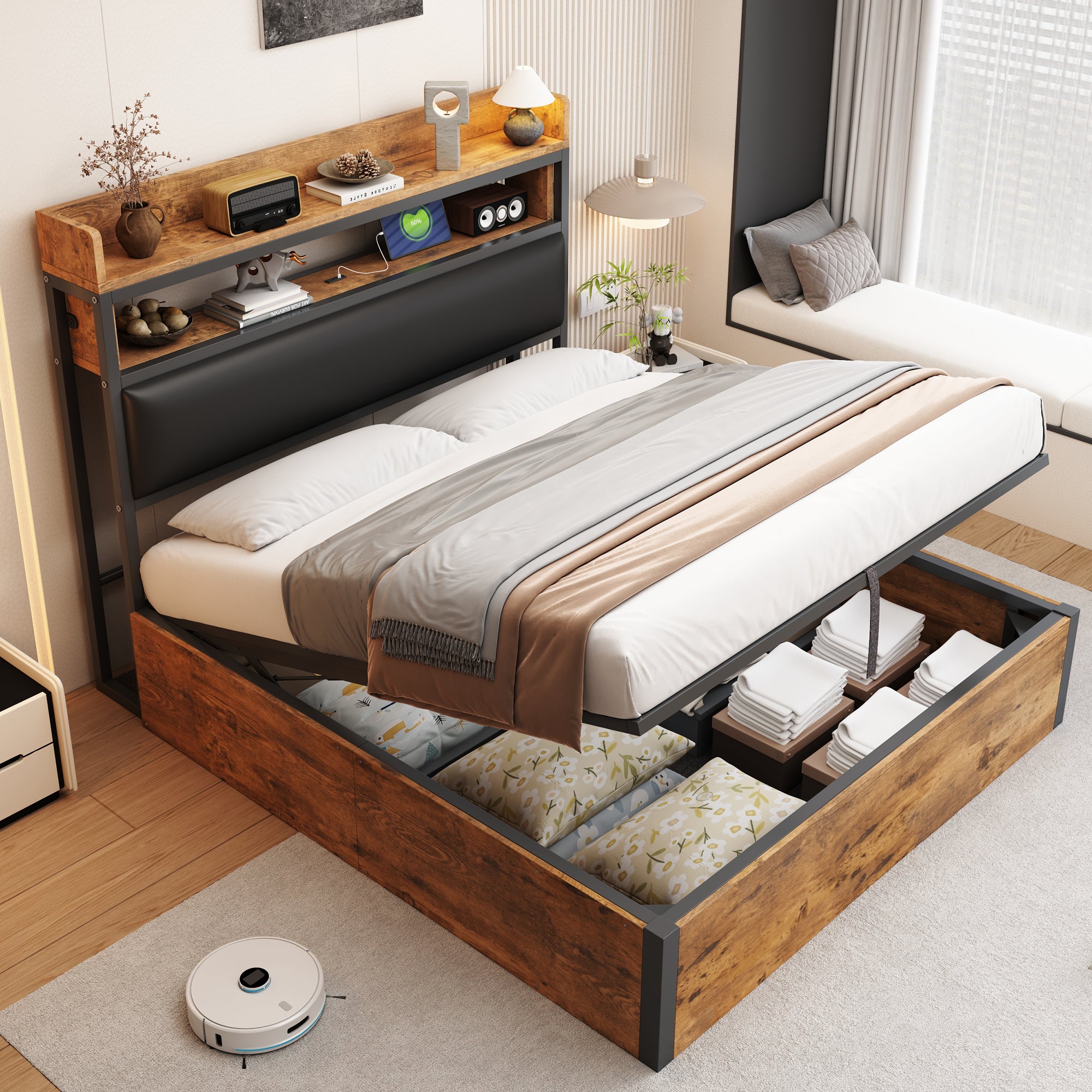 Merax  Cama Con Canapé De 140 X 200 Cm Con Cabecero Y Baldas, Tomas Usb Y Tipo C, Mdf Y Metal, Y (Sin Colchón) Negro/Marrón , Leroy Merlin