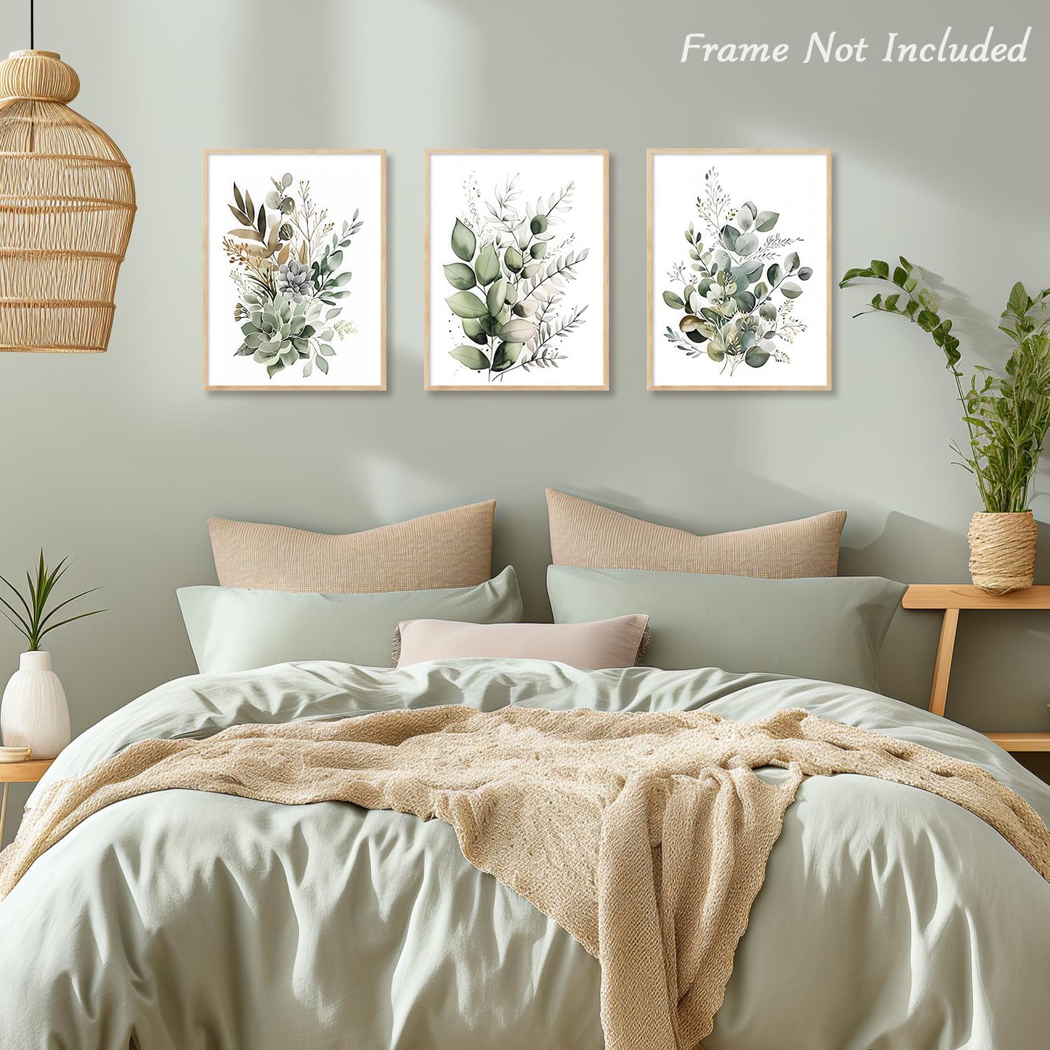 3Pcs Boho Wall Art Décor, Feuilles Vertes Affiche Botanique Impression pour Salle de Bain Salon, Eucalyptus 12x16 pouce Non Encadré - 2