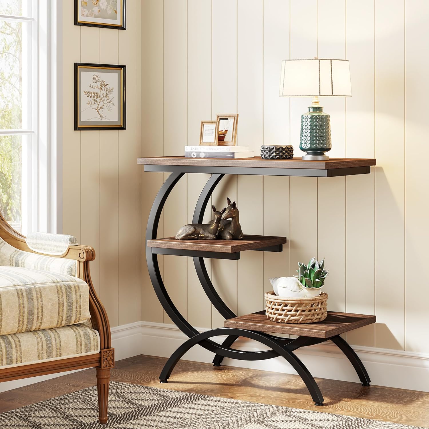 Stolik nocny w kształcie litery C marki Tribesigns, wąski stolik 3-poziomowy, drewniany stolik pod sofę