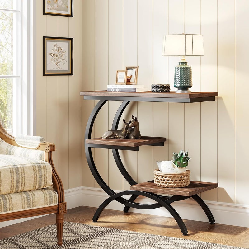 Stolik nocny w kształcie litery C marki Tribesigns, wąski stolik 3-poziomowy, drewniany stolik pod sofę