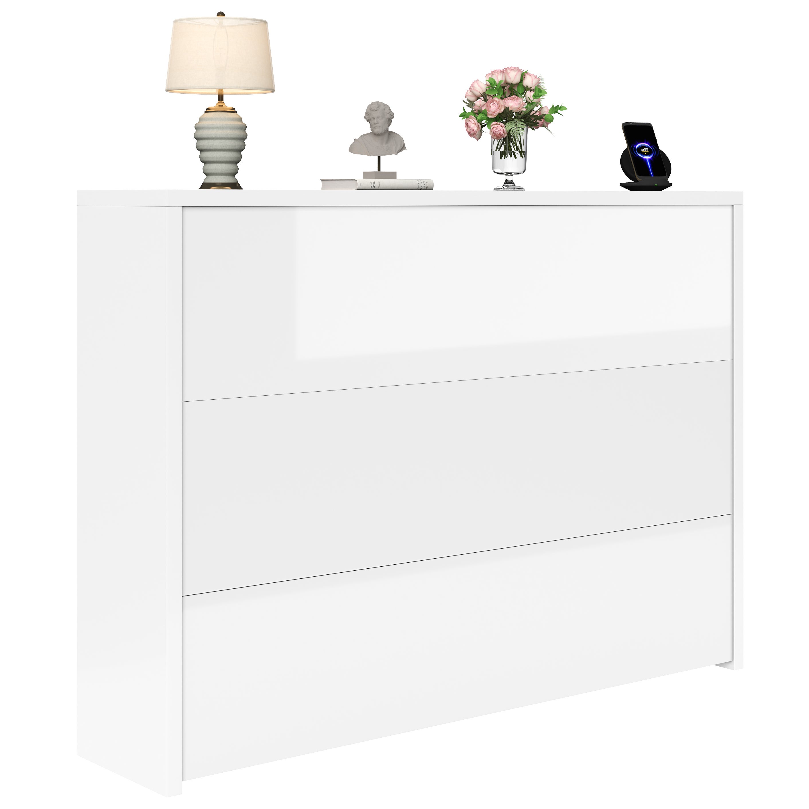 Bureau pliable 115x27x93 cm - avec fonction de charge sans fil - avec étagères et roulettes - Finition haute brillance - Blanc - 5