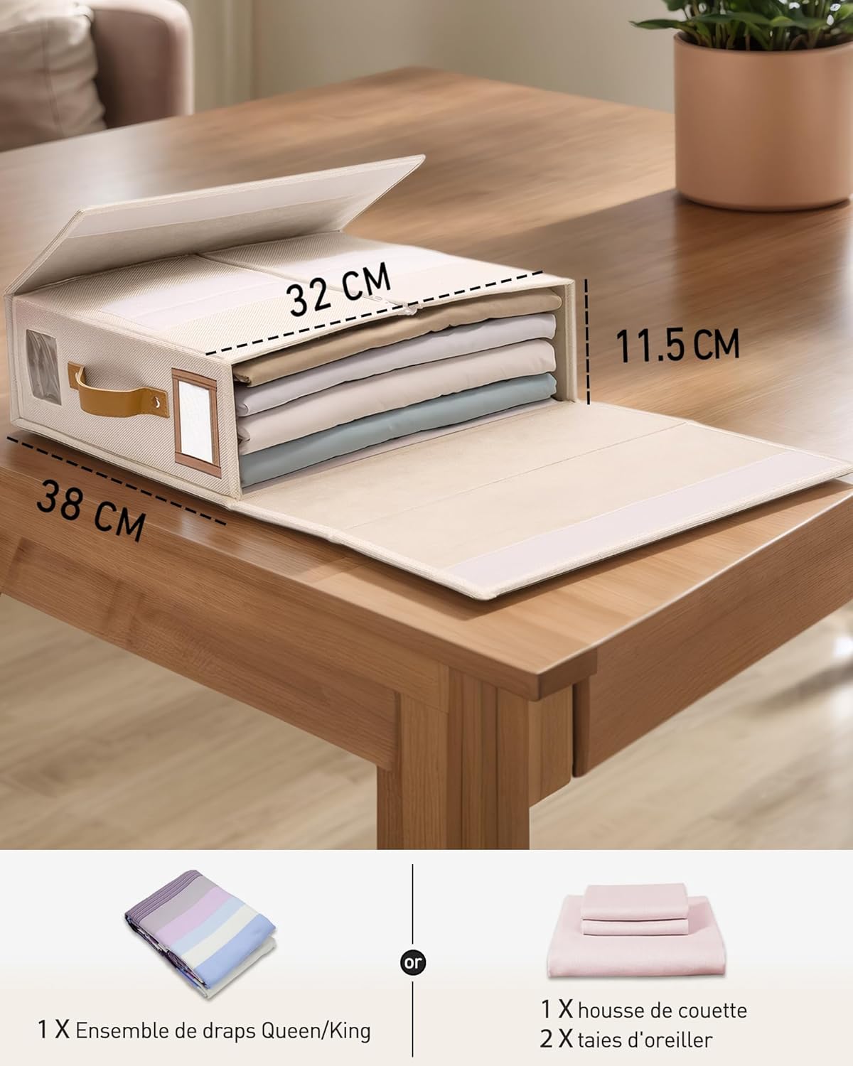 linge rangement drap de lit - 3 organisateur drap pliable, respirantes avec fenêtre transparente & étiquette pour draps, couvertures & serviettes - 2