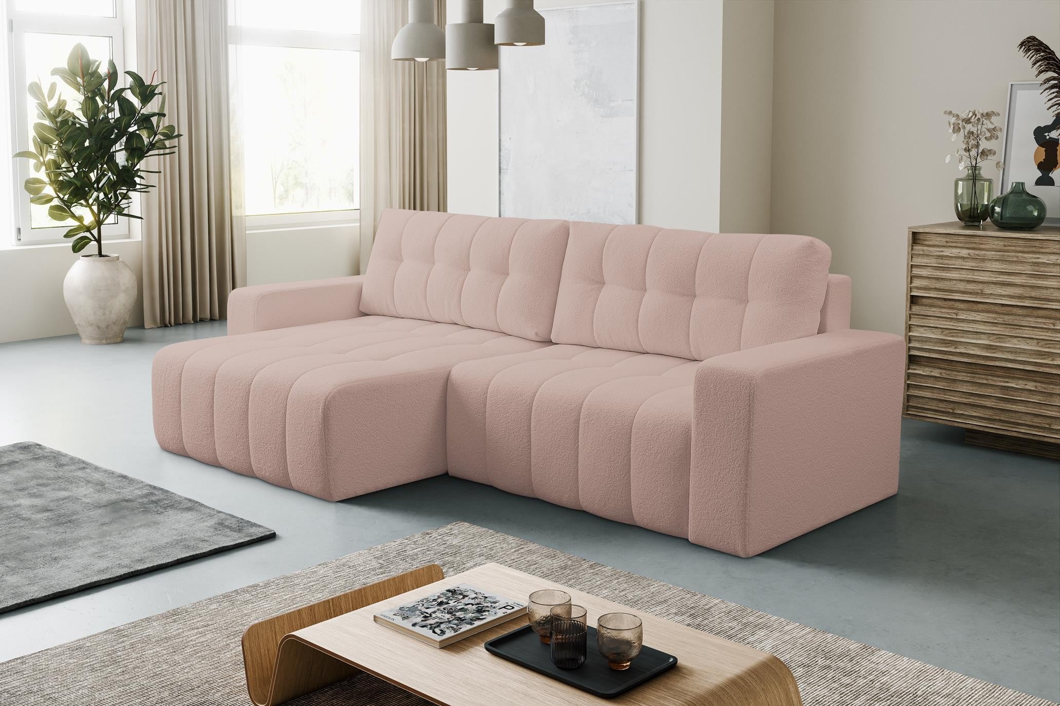 Efektowna rozkładana sofa narożna MASINA beżowa pikowana z pojemnikiem na pościel - 2
