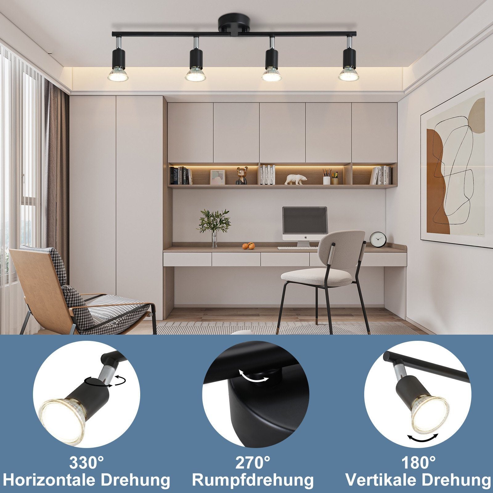 NETTLIFE Lámpara de Techo LED Negra de 4 Focos GU10 Lámpara Industrial Moderna Giratoria 330° para Pasillo Cocina Dormitorio Sala de Estar Infantil - 6