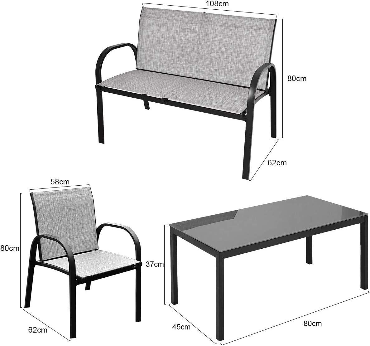 Ensemble de Salon de Jardin en Textilène 4 Personnes, 1 Table Basse en Verre +1 Canapé +2 Fauteuils, GIANTEX - 3