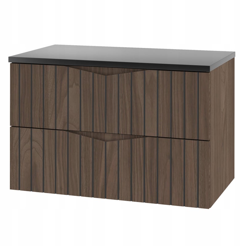 Szafka łazienkowa STELLA 80 cm orzech z czarnym blatem wisząca ryflowana