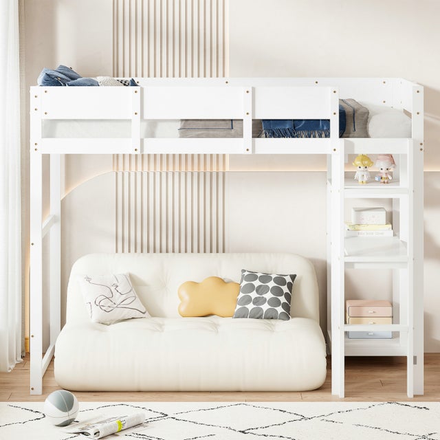 Lit mezzanine avec rangement 90 x 200 cm, cadre de lit en pin massif avec sommier à lattes, lit pour enfants et adolescents, blanc