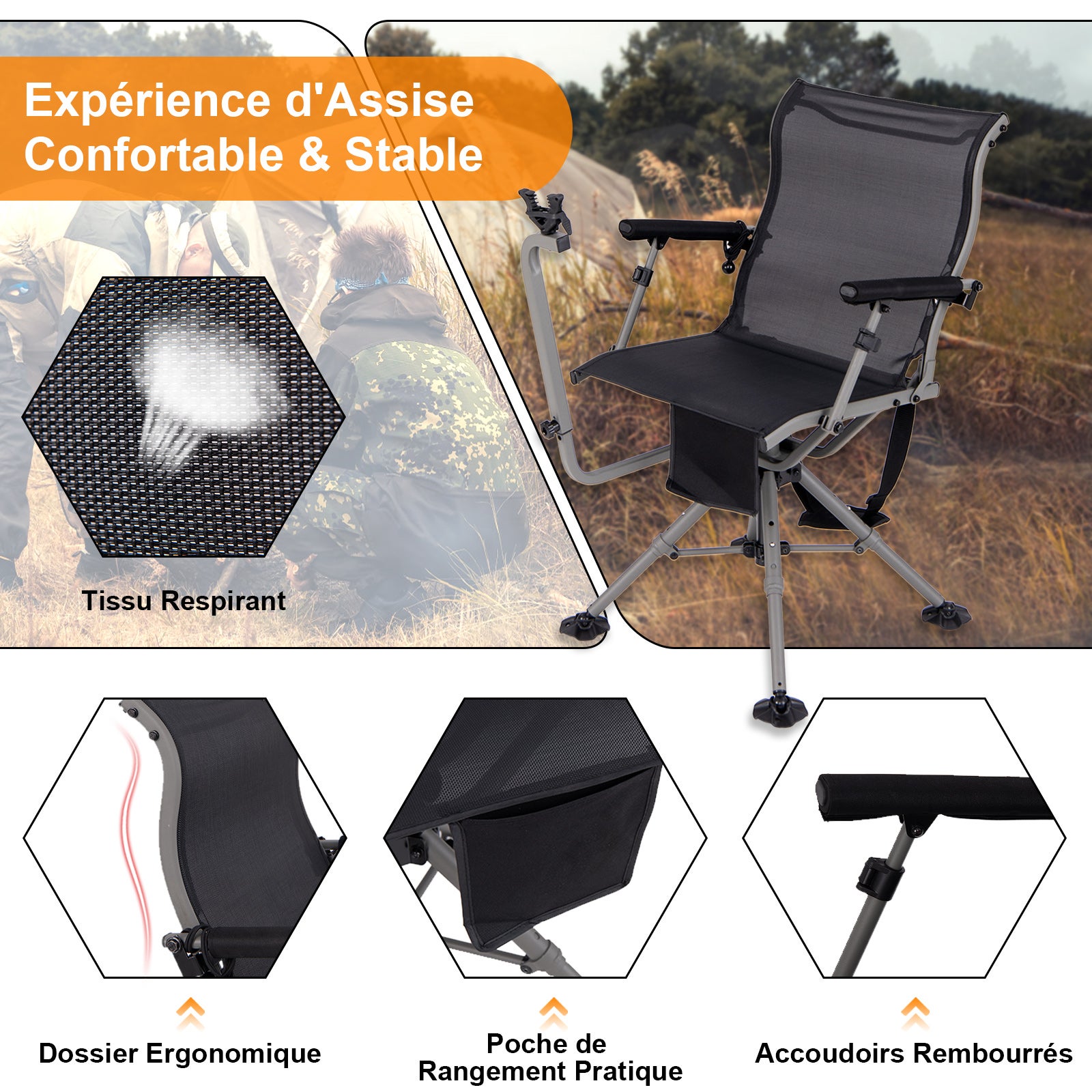Krzesło myśliwskie, składane krzesło z regulowanymi nóżkami, podłokietnikami i uchwytem na pistolet, ciche obracanie o 360°, na polowanie i - 8