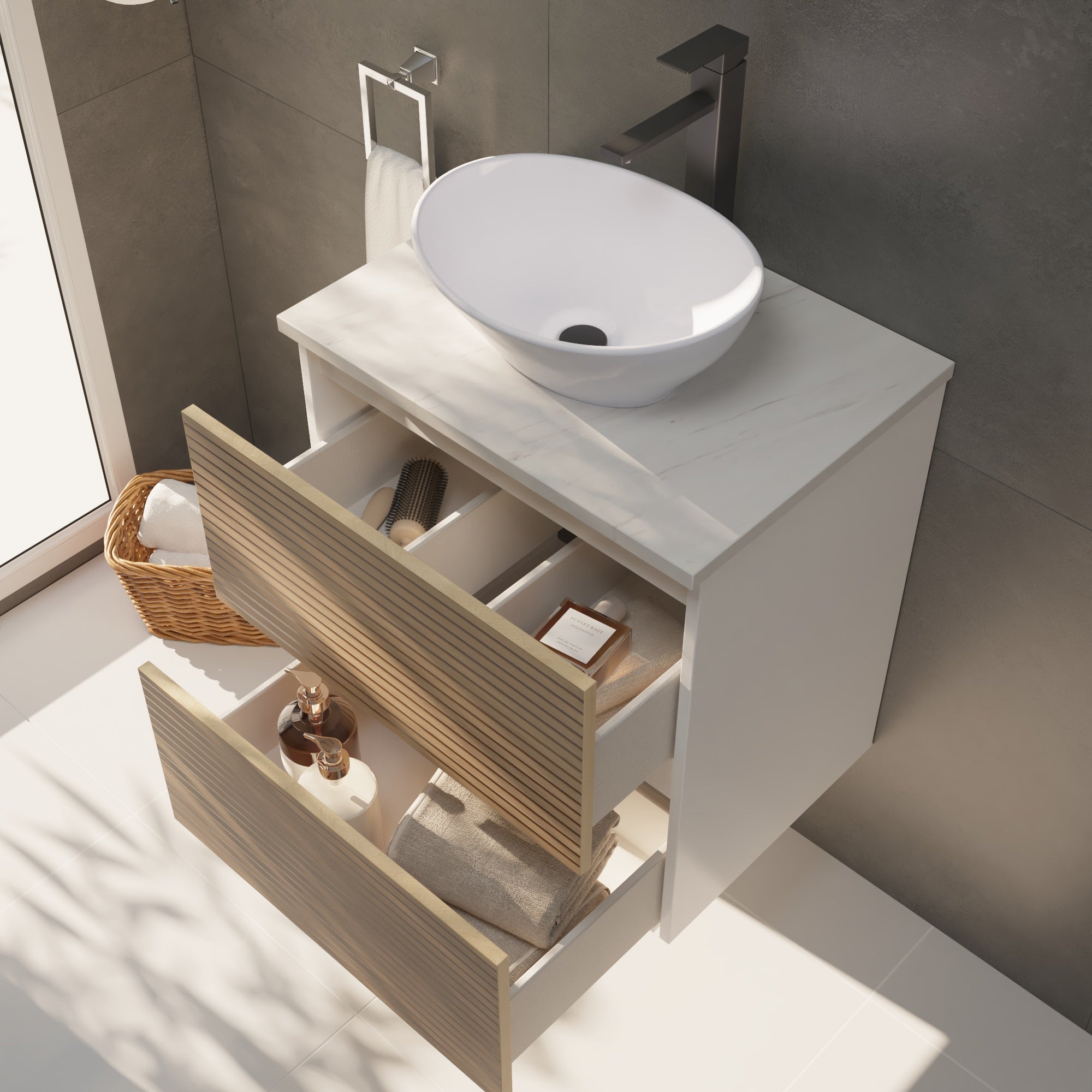 CONJUNTO DE BAÑO YINU | 60 CM BLANCO - SOLOMON | DOS CAJONES | LAVABO SOBRE ENCIMERA | NO INCLUYE ESPEJO | ALDAY - 2