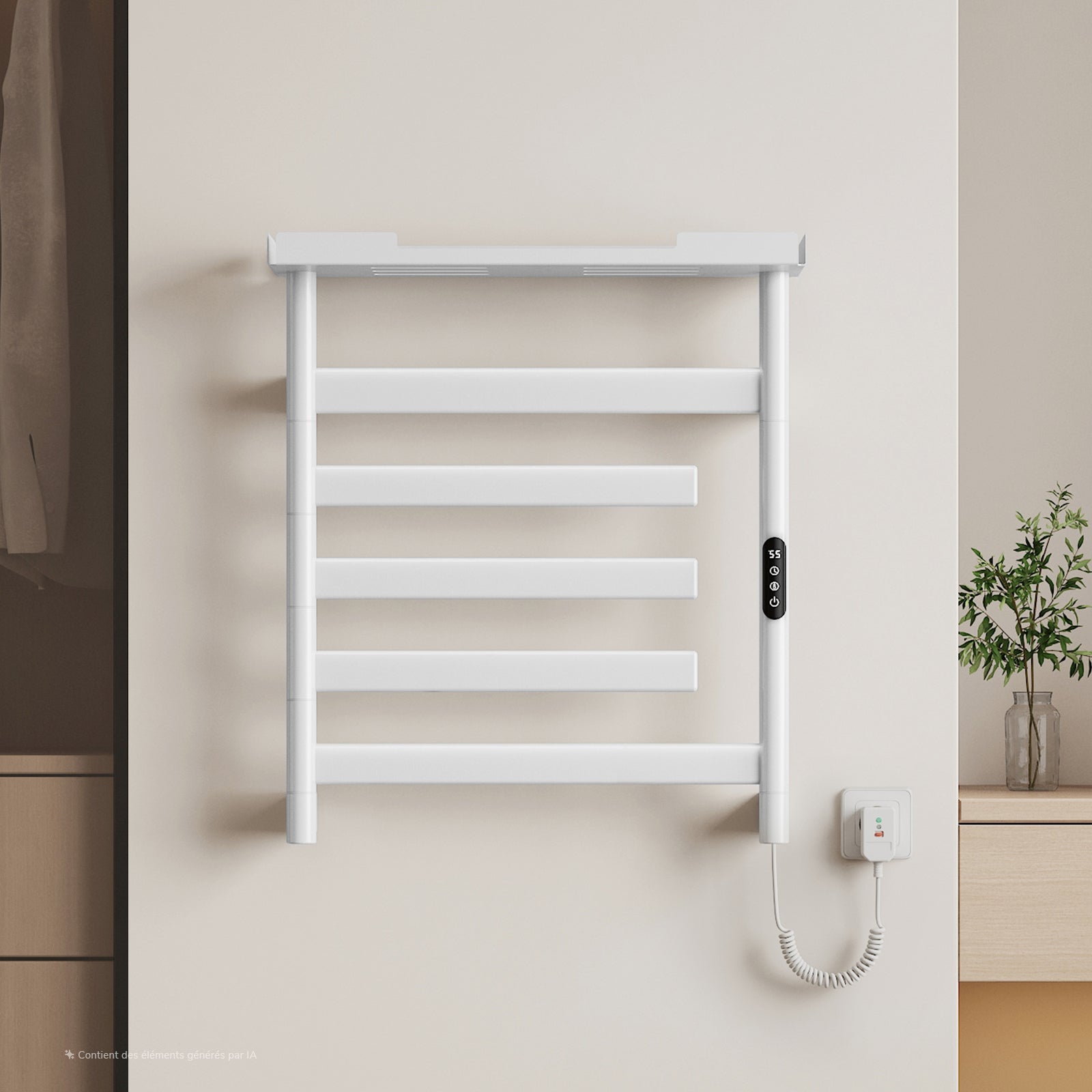 EMKE Radiator Portprosop Electric Inteligent Pivotant 180° cu Raft - 66 x 58 cm, 135 W, Wi-Fi, 6 Moduri, IP45, Alb Strălucitor