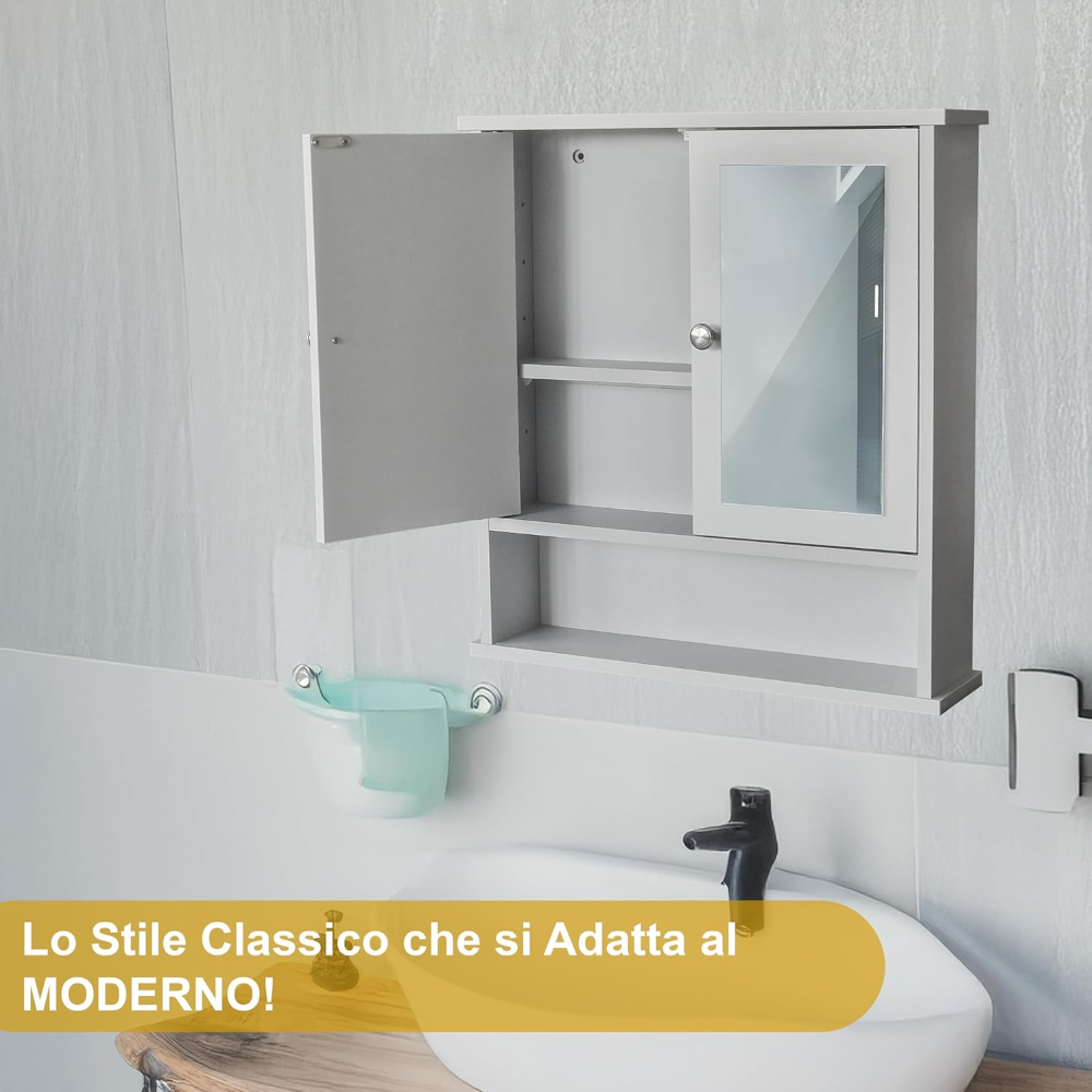 Mobile Mobili Bagno con specchio sopra lavabo Mensola Armadietto con Specchio e Ripiani Regolabili Mobiletto Sospeso 12,5P x 56l x 60H cm - 3