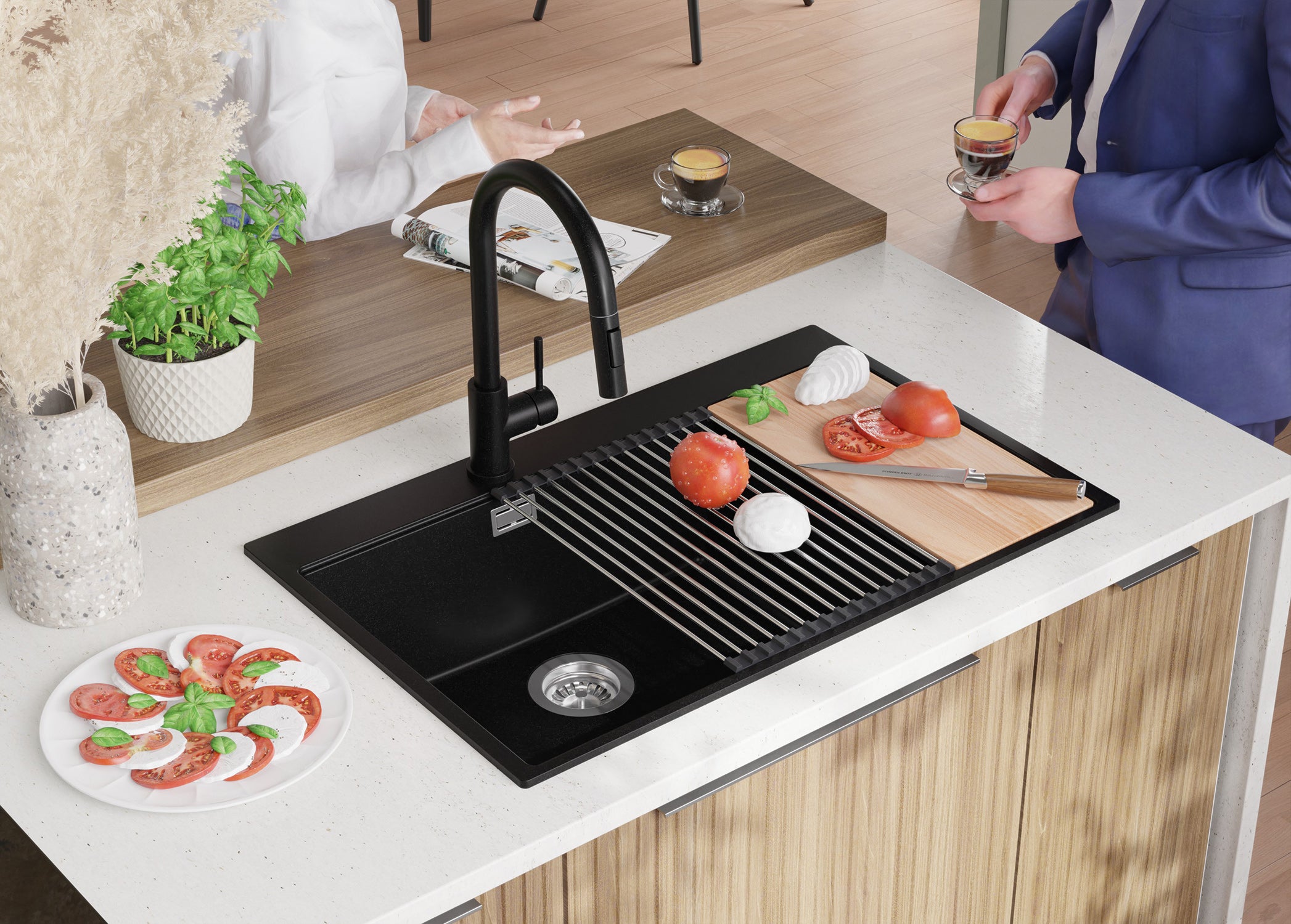 Lavandino da Cucina Tutto Nero 78x50cm, Lavello in Granito a 2 vasche + Accessori, Lavabo da Cucina Incasso al mobile 80cm PRIMAGRAN - 4