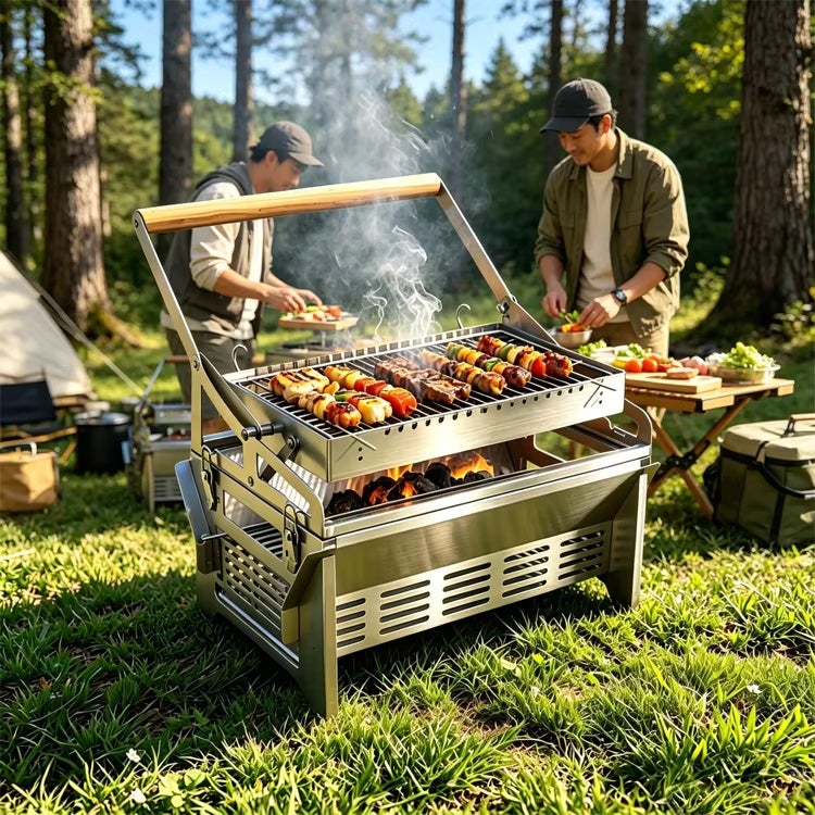 Barbecue charbon portable inox à rotation 360° démontable pour camping, pique-nique, jardin et réception extérieure - 3