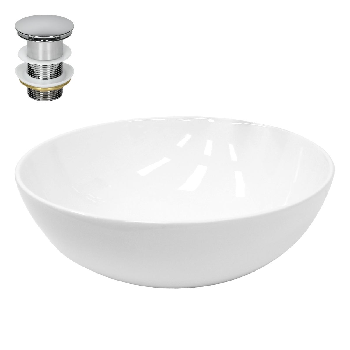 Lavoar de baie LuxeBath, Ø 40x14,7 cm, din ceramica, forma rotunda, cu ventil pop-up cromat, fara preaplin si orificiu baterie, chiuvetă pe blat, alb