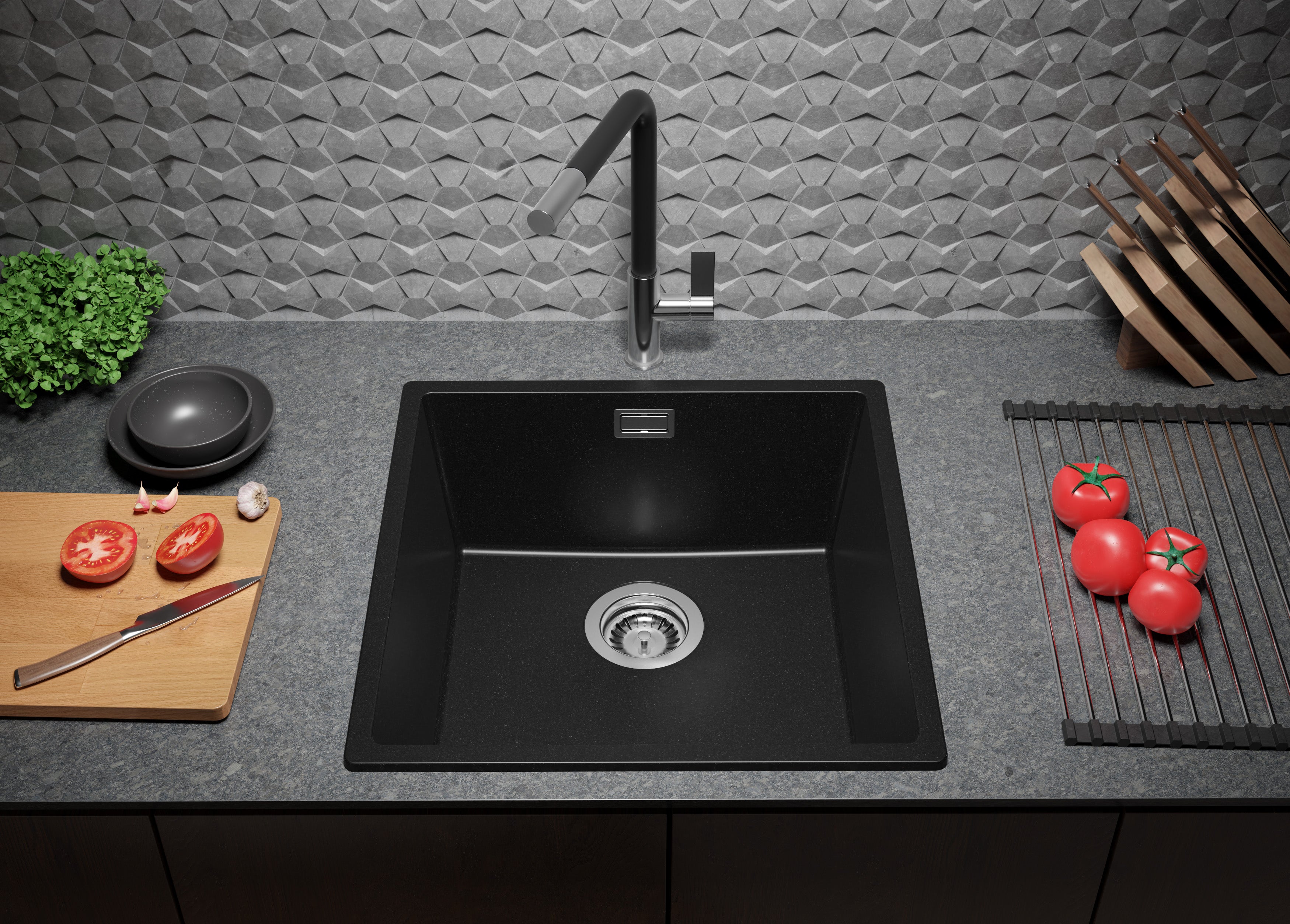 Evier Cuisine en Granit Noir 46x47cm, Lavabo 1 bac + Kit de Vidage, Évier à Encastrer au meuble 50cm - London Slim PRIMAGRAN - 3
