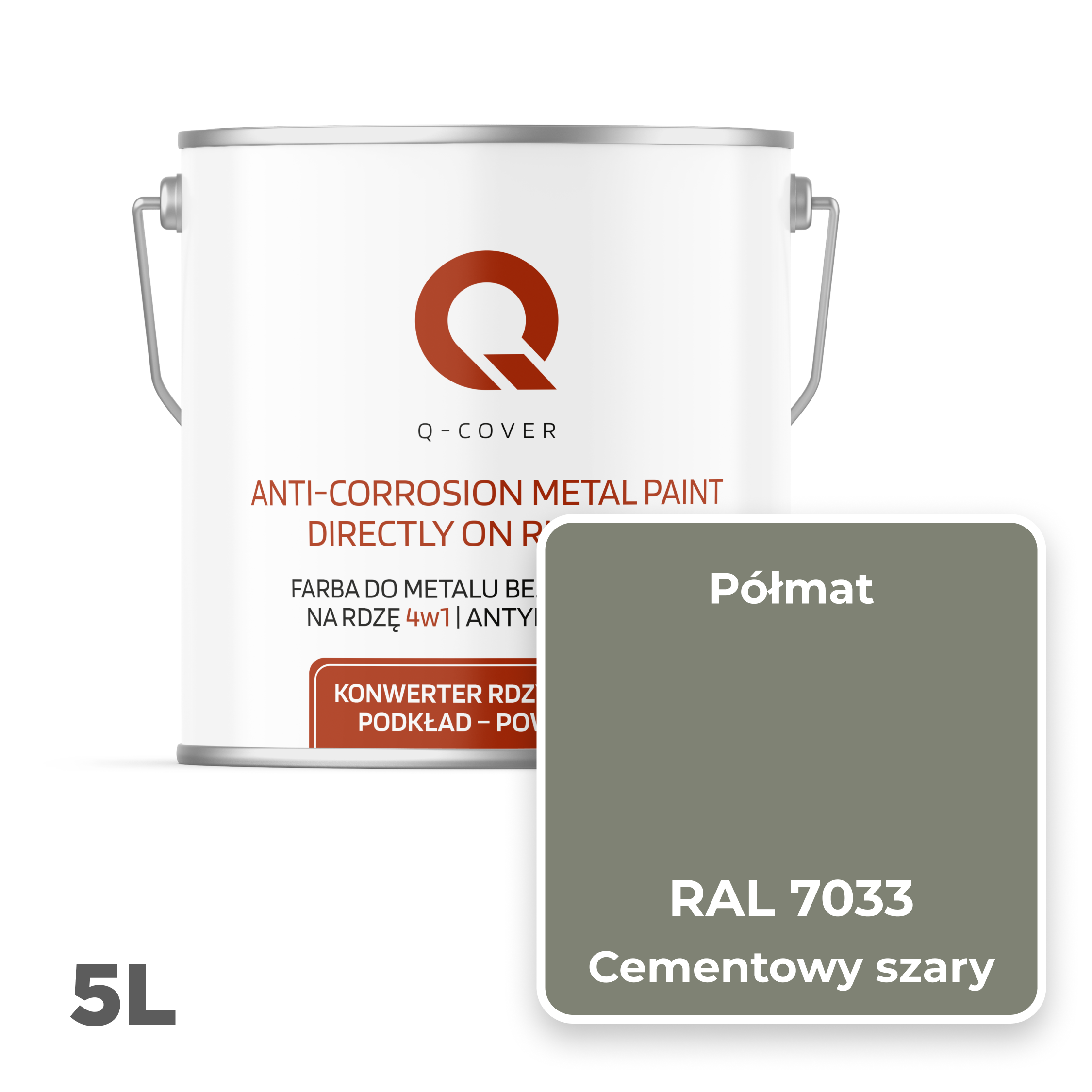 Farba do Metalu Prosto na Rdzę 4w1 Q-Cover Cementowy szary RAL7033 Półmat 5L - 2