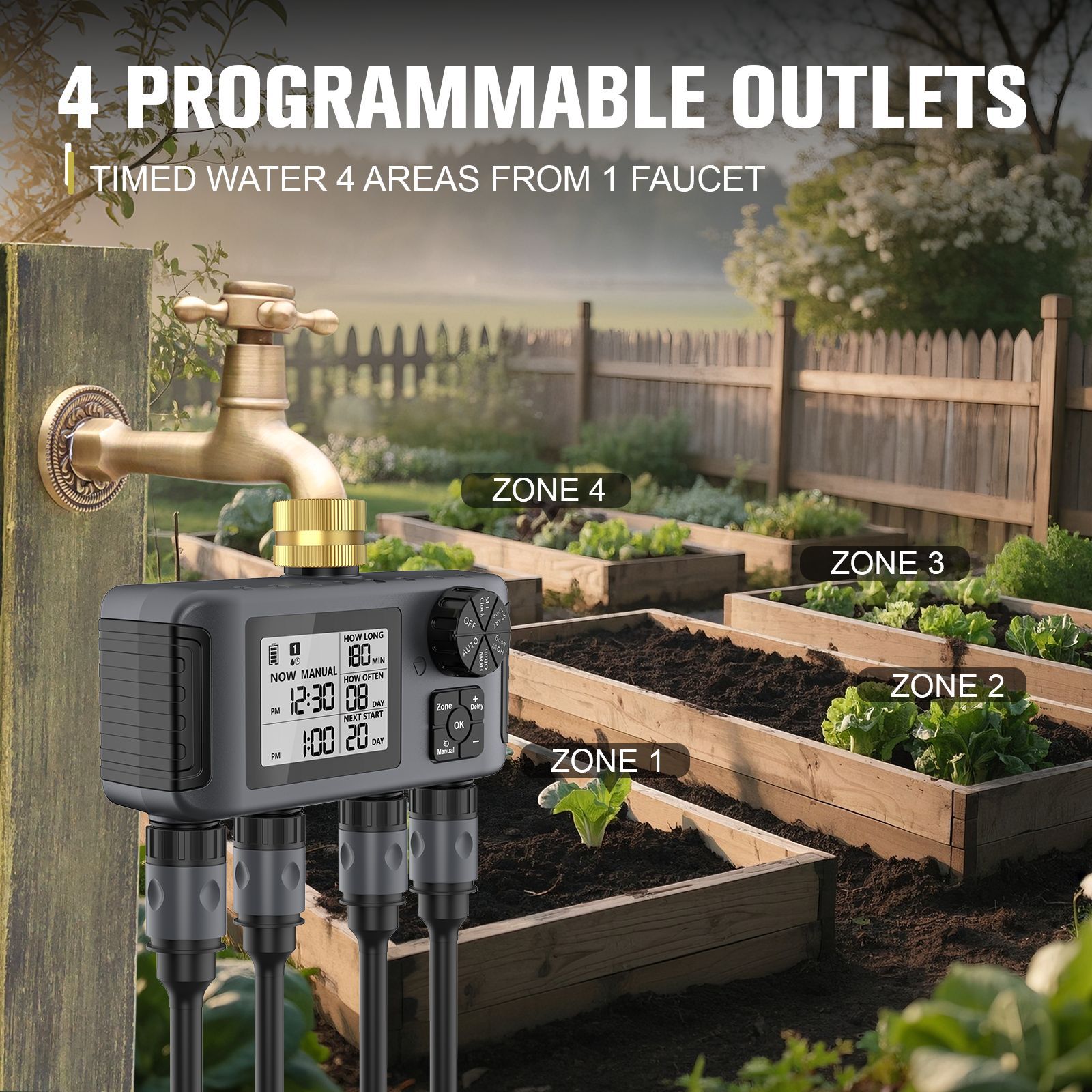 BEXTCOK Válvula inteligente de controlo individual de quatro vias, temporizador de rega automática, temporizador para rega de flores no jardim - 3
