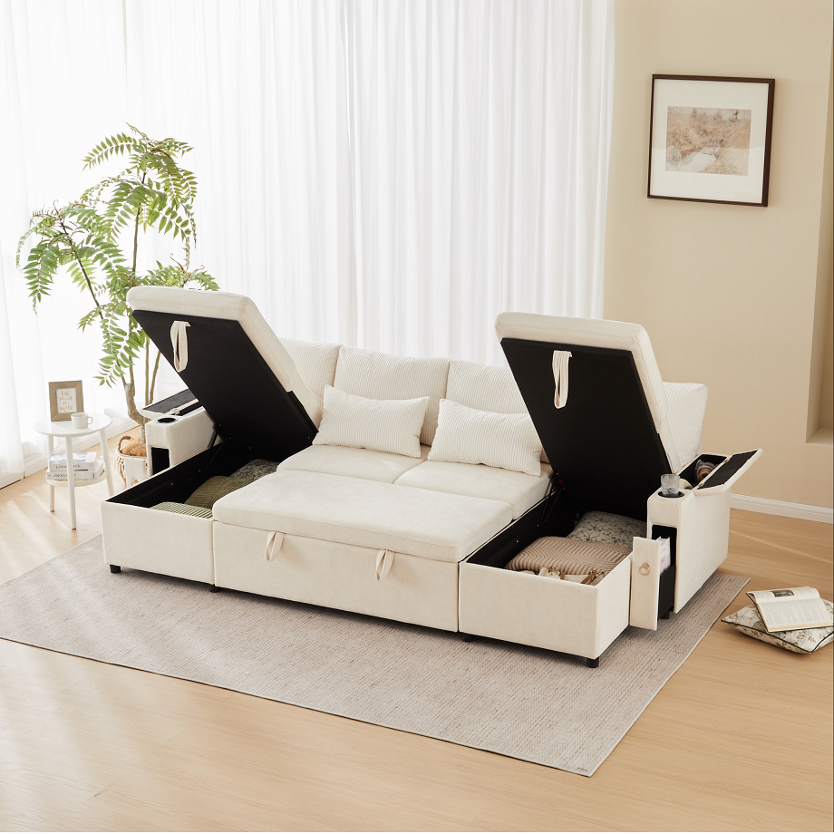 4-osobowa rozkładana sofa w kształcie litery U z uchwytami na kubki i schowkiem - 272 x 131 x 84 cm - Chenille + Corduroy - Beż