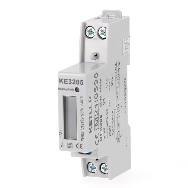 KETLER - KE3205 - Compteur électrique modulaire KETLER - Monophasé 45 A - Certifié MID - Simple tarif - Sortie d'impulsion - Affichage LCD