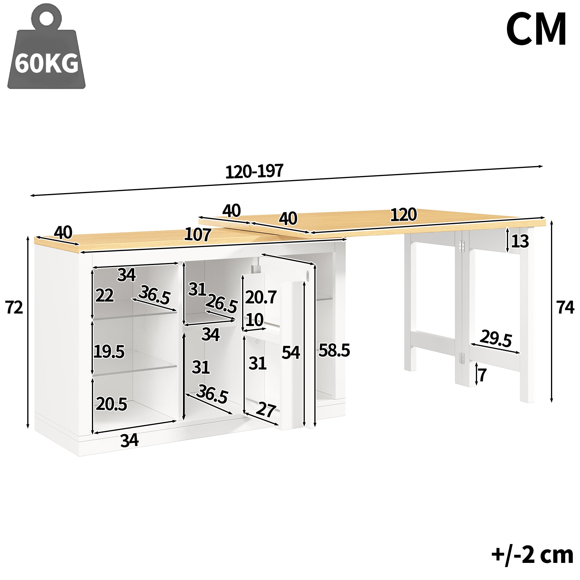 Ilot Cuisine Extensible 120-197*40*72cm cm avec Table à Manger, Pivotant 360°, LED RGB App, Portes Magnétiques et Étagères en Verre, Blanc - 5