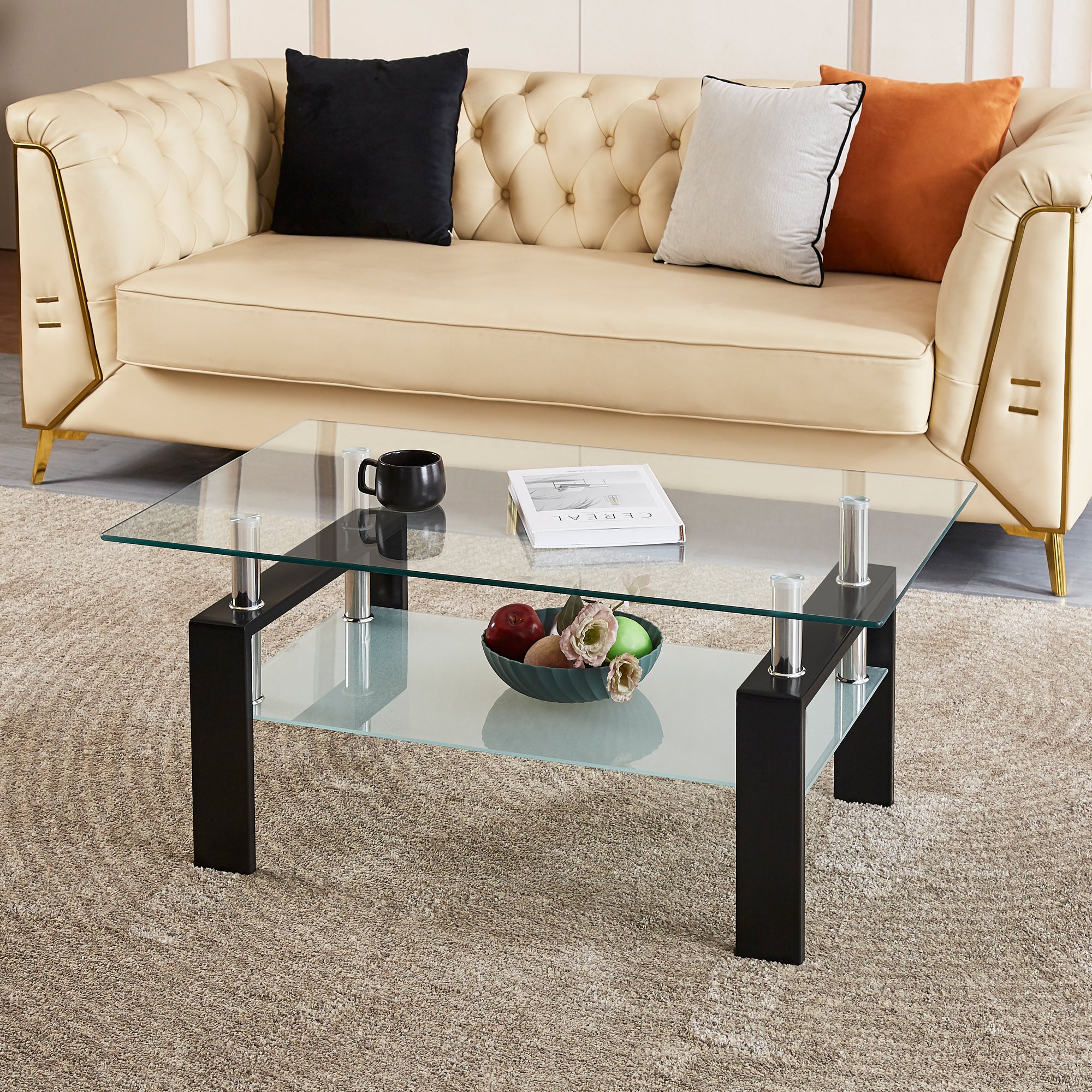 Table basse 100 × 60 × 44 cm, avec rangement ouvert, en verre et métal ...
