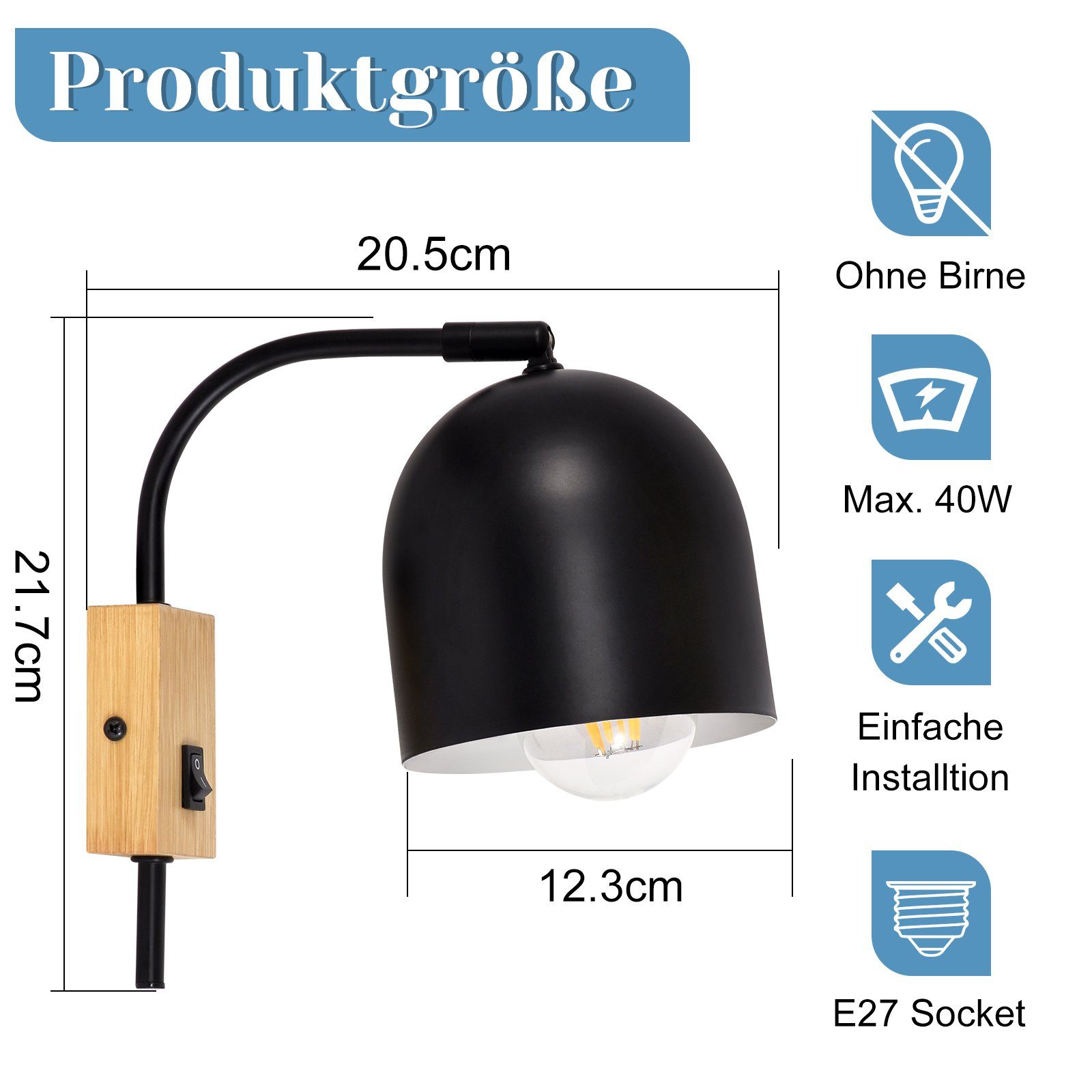 Applique Murale Spot Noir Vintage Orientable - E27 Max 40W - Design Rétro Métal - Pour Couloir, Chambre, Cuisine