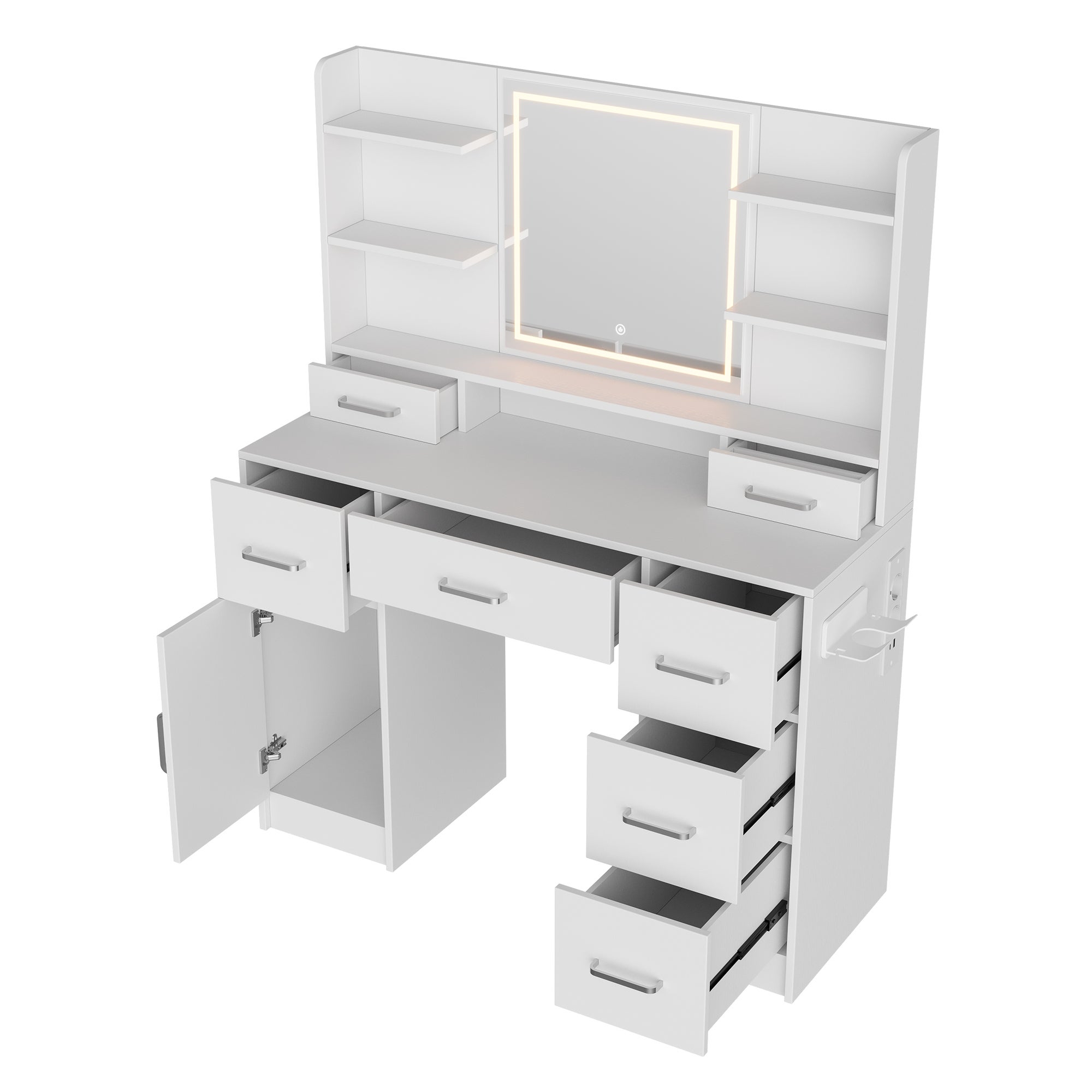 Grande Coiffeuse avec éclairage LED et Miroir, Luminosité Réglable, Coiffeuse avec Prise, 8 Tiroirs et 7 étagère Ouvertes pour Chambre à Coucher Blanc - 9