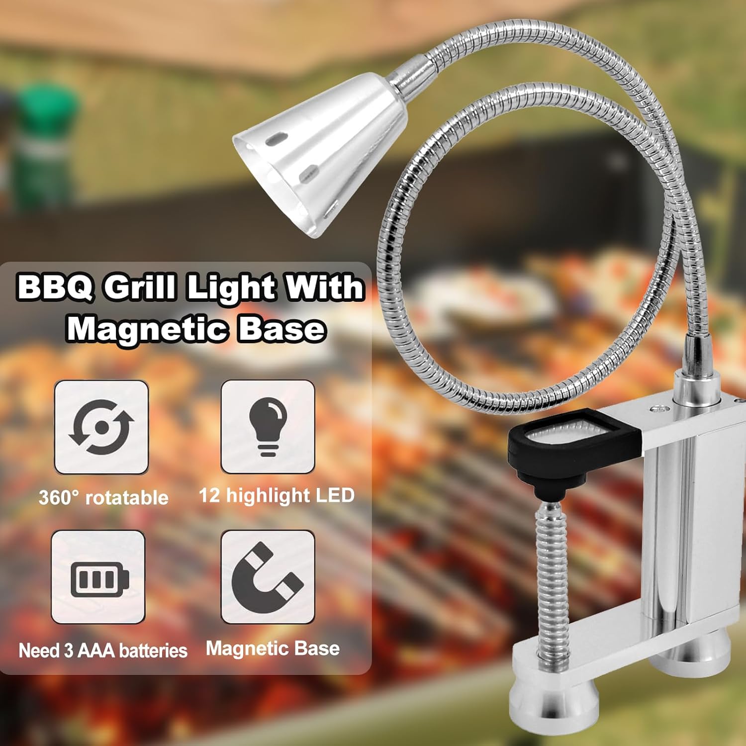 Magnetyczna lampa do grilla – 12 superjasnych diod LED z elastyczną szyjką – zasilana bateryjnie – na kemping - 3