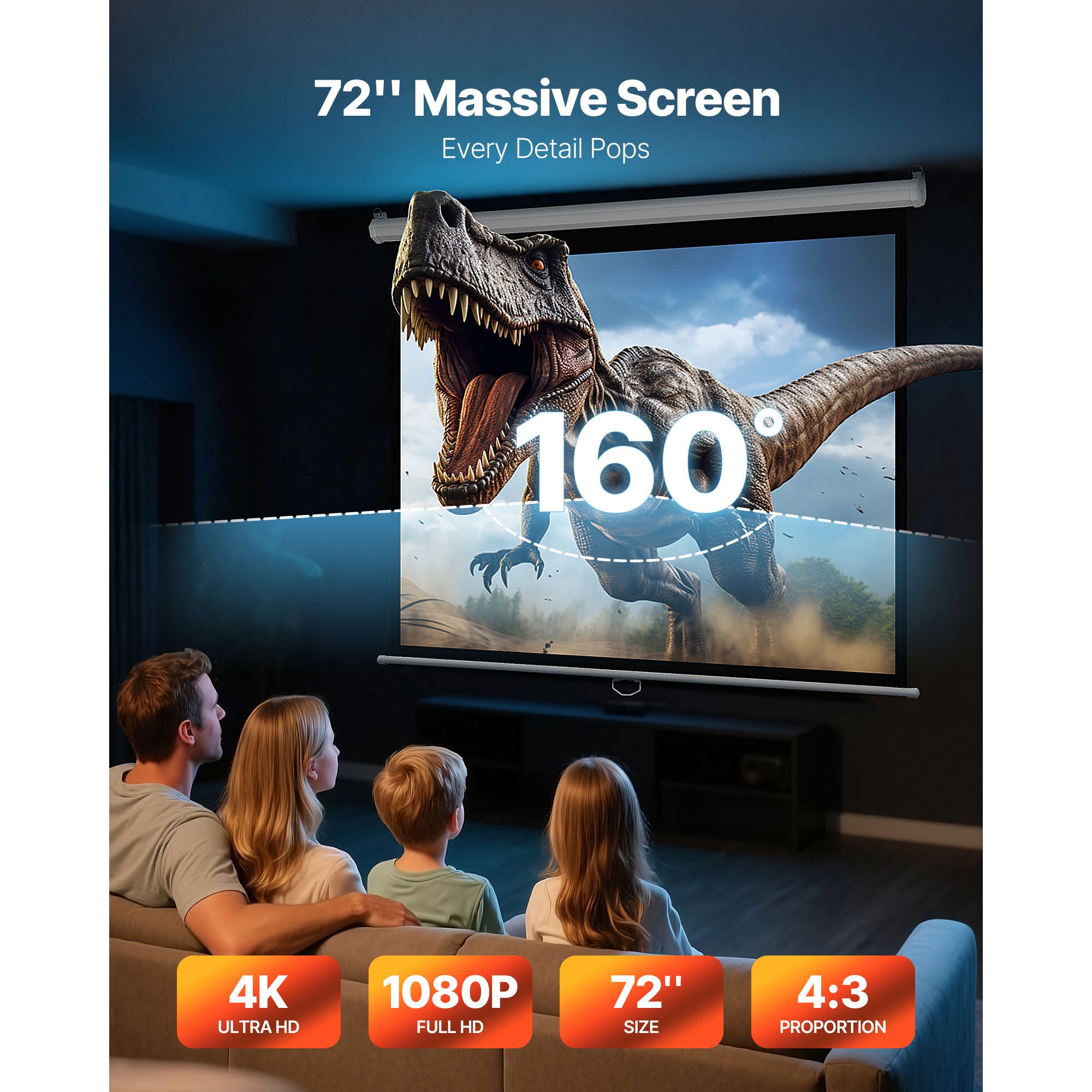 Ecran de projection SucceBuy manuel 1829 mm 4:3 4K 1080 HD, toile murale retractable avec cordon de traction, large angle de vision, ideal pour maison - 2