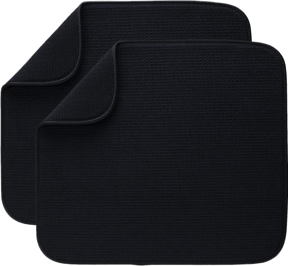 Zestaw 2 czarnych mat do suszenia z mikrofibry, chłonna, szybkoschnąca mata do ociekania naczyń do kuchni, 16 x 18 cali, można prać w pralce